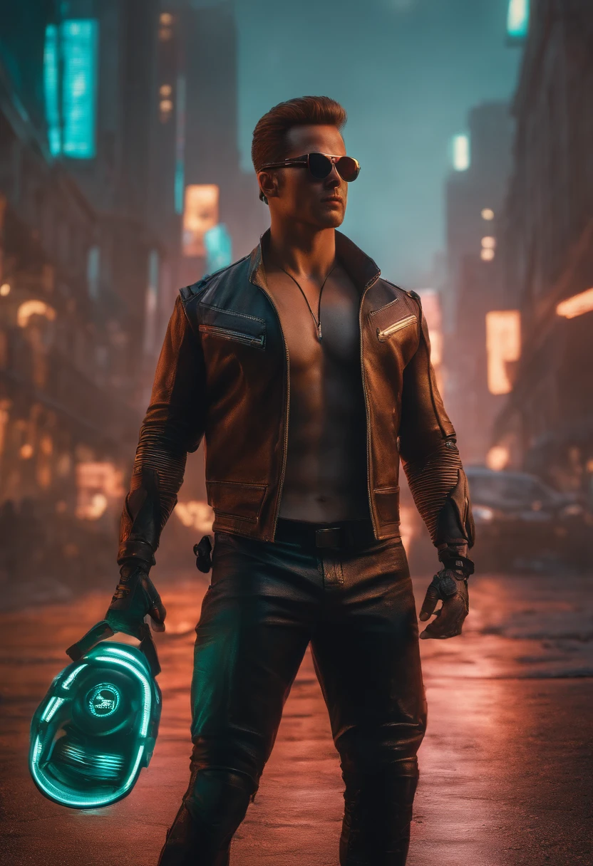 cyberpunk menino bonito, Rosto realista,8k, ultra realistic, sunglasses, johnny cage, sorrindo, carismatico, musculoso, centralizado na tela, cidade futurista, feliz, corpo todo