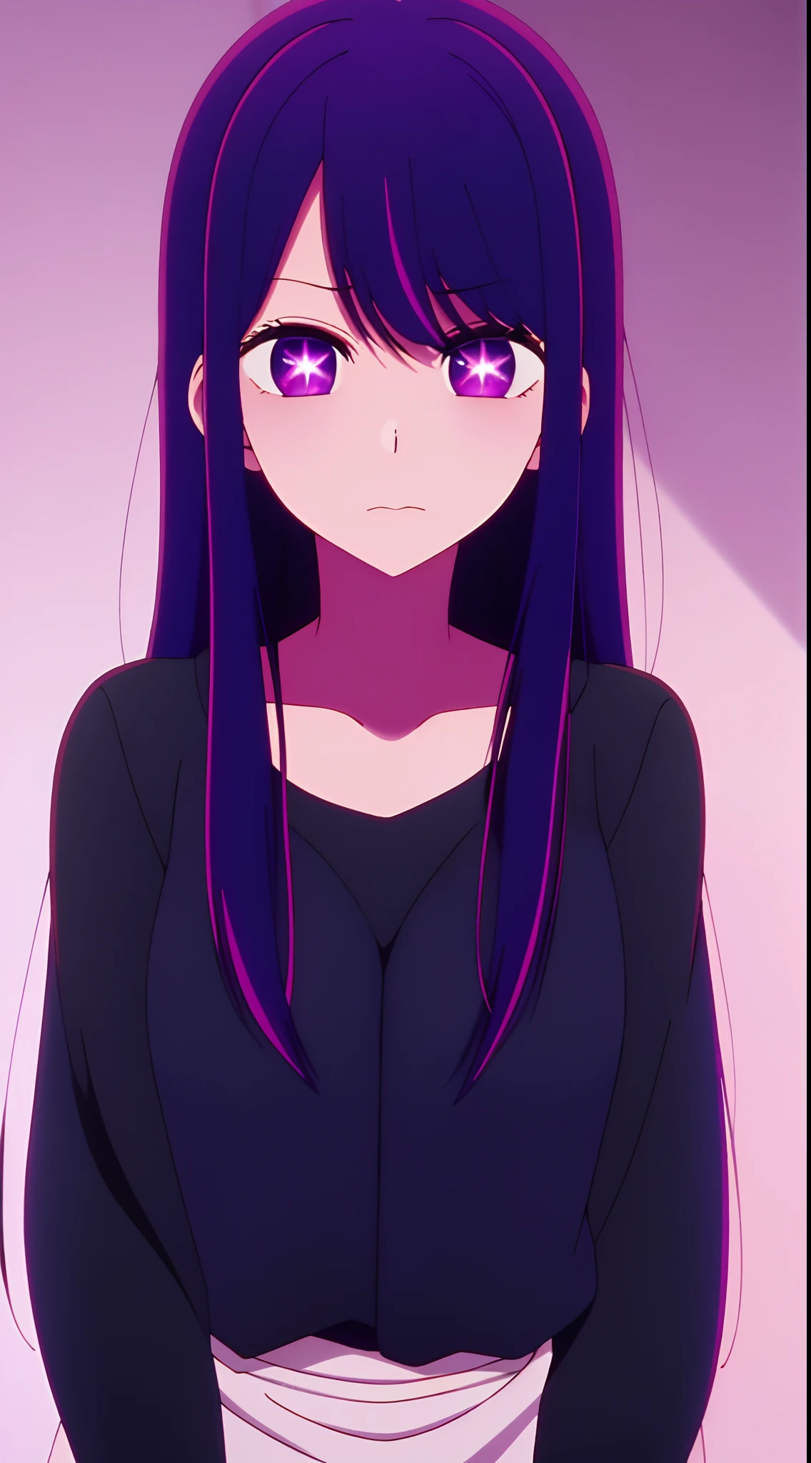 in bed, purple color hair and purple eyes, black shirt and no bra, anime visual of a cute girl, screenshot from the anime film, & her expression is solemn, in the anime film, in an anime, anime visual of a young woman, she has a cute expressive face, still from anime, big breast, red cheek, lustful face, fair skin