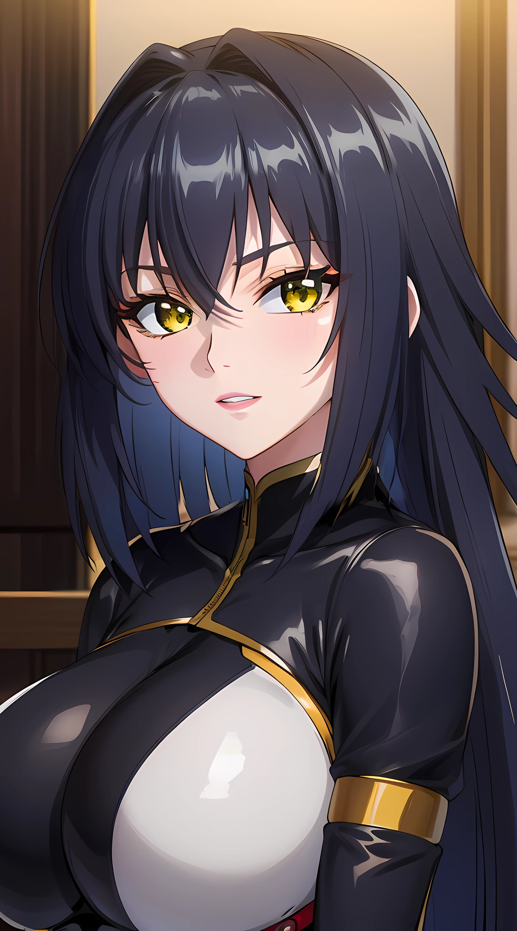 simple background, (((happy face, looking at viewer, smile))), (solo:1.5),
Annerose, close up shot, looking at viewer, stand close,
bunnysuit, black outfit, front view,
 black_hair,yellow_eyes, ((long_hair, hair intakes)),
1 girl, 35 years old,mature female,Beautiful Finger,Beautiful long legs,Beautiful body,Beautiful Nose,Beautiful character design, perfect face, slim body, (big_yellow_eyes:1.0),
NSFW,official art,extremely detailed CG 8k wallpaper, perfect lighting,Colorful, Bright_Front_face_Lighting,
(masterpiece:1.0),(best_quality:1.0), ultra high res,4K,ultra-detailed,
photography, 8K, HDR, highres, absurdres:1.2, Kodak portra 400, film grain, blurry background, bokeh:1.2, lens flare, (vibrant_color:1.2)
(Beautiful,large_Breasts:1.4), (beautiful_face:1.5),(narrow_waist),