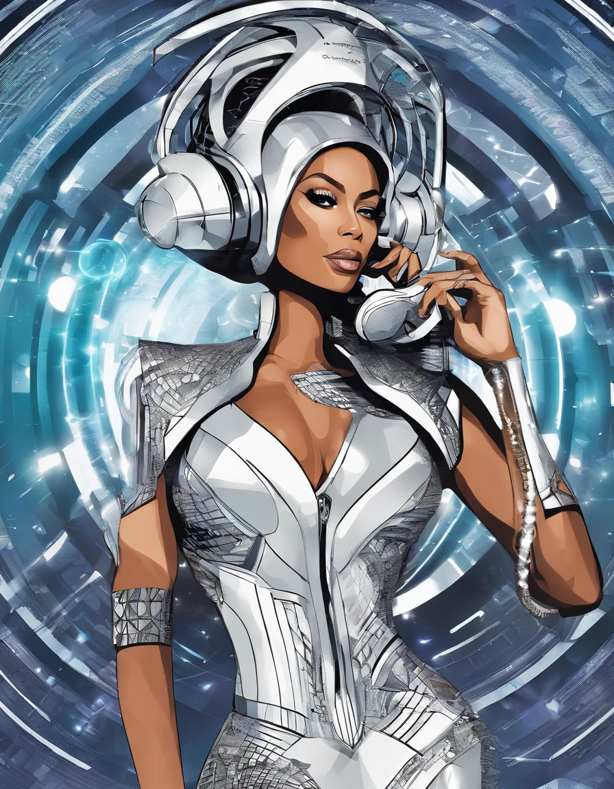 create an imagem of Beyoncé talking on the phone, in a beautiful dress