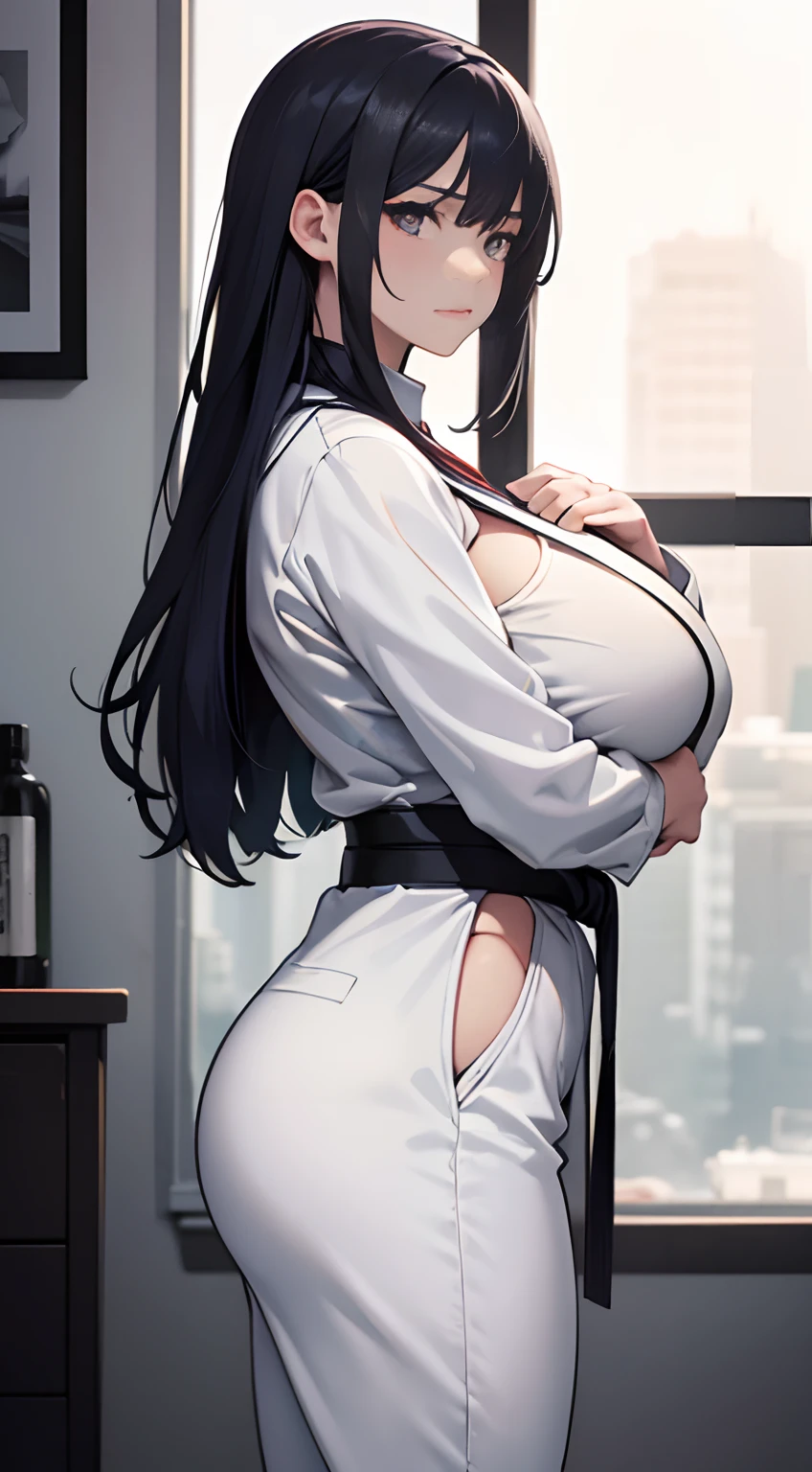 (Best quality,4K,8K,A high resolution,Masterpiece:1.2),Ultra-detailed,(Realistic,Photorealistic,photo-realistic:1.37),hdr,hyper HD,Studio lighting,Ultra-fine painting,Sharp focus,Physically-based rendering,Extreme detail description,professional,,Horror,anime big breast,Sci-fi,Photography,Concept artist,Five fingers,huge tit,Buttock augmentation,A 20-year-old woman,Women's Judo,Long dark blue hair,Height 165cm,Fair skin,Gloomy expression,White judo costume,Black belt,White judo trousers,full bodyesbian,((white backgrounid)),Cospaly Promotion,All roles,Shot with Canon 5D MK4,Cospali photo.