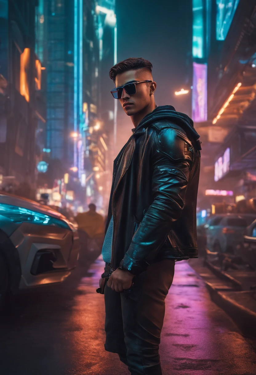 cyberpunk menino bonito, jovem, Rosto realista,8k, ultra realistic, sunglasses, ator, sorrindo, carismatico, musculoso, centralizado na tela, cidade futurista, feliz, corpo todo