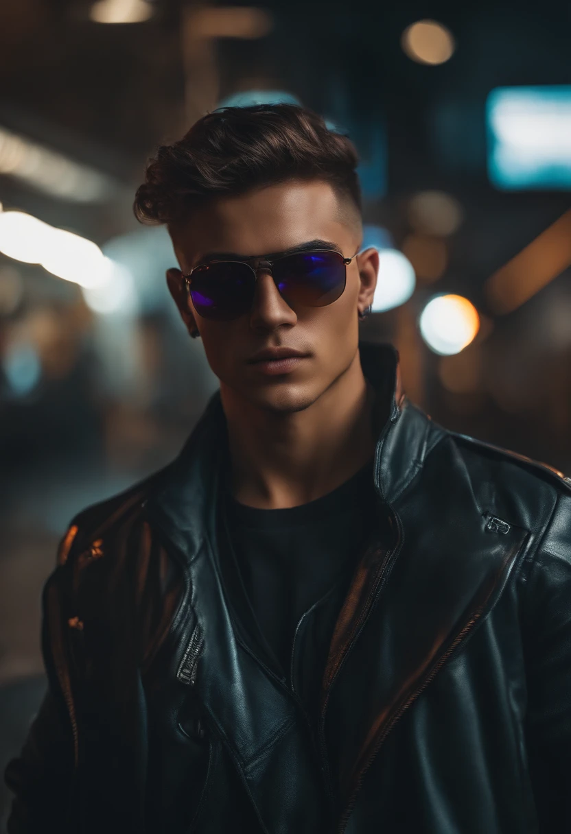 cyberpunk menino bonito, jovem, Rosto realista,8k, ultra realistic, sunglasses, ator, sorrindo, carismatico, musculoso, centralizado na tela, cidade futurista, feliz, corpo todo