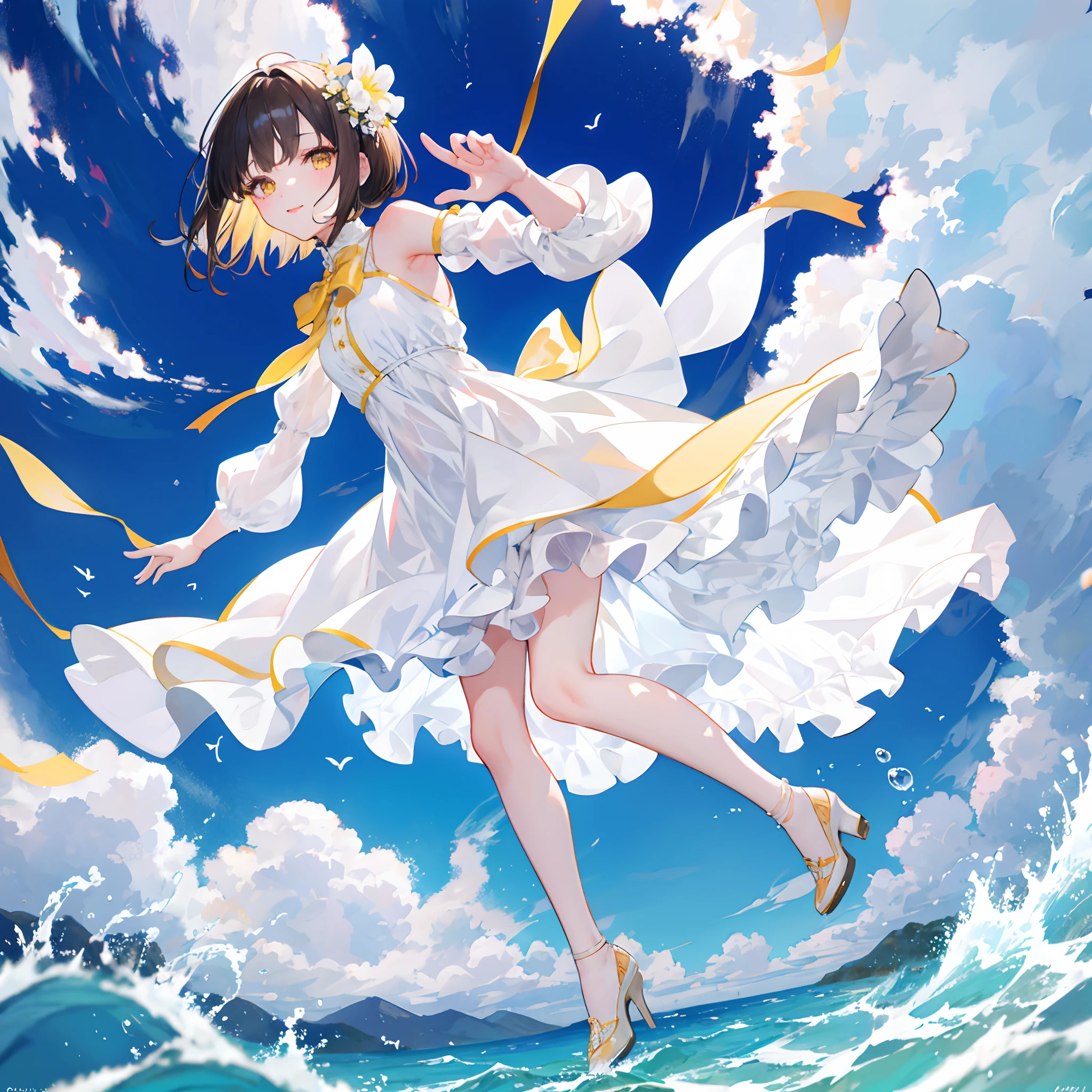 brunette color hair,short detailed hair,By bangs,Yellow eyes,adolable,s girl, adolable,White gorgeous beautiful dress,Wearing white high heels on his feet,Stand on the water with your feet,Full body photo from the side,All body,Fingers and arms are not exposed,background ocean,with blue sky and white clouds,Happy expression,Cute gestures