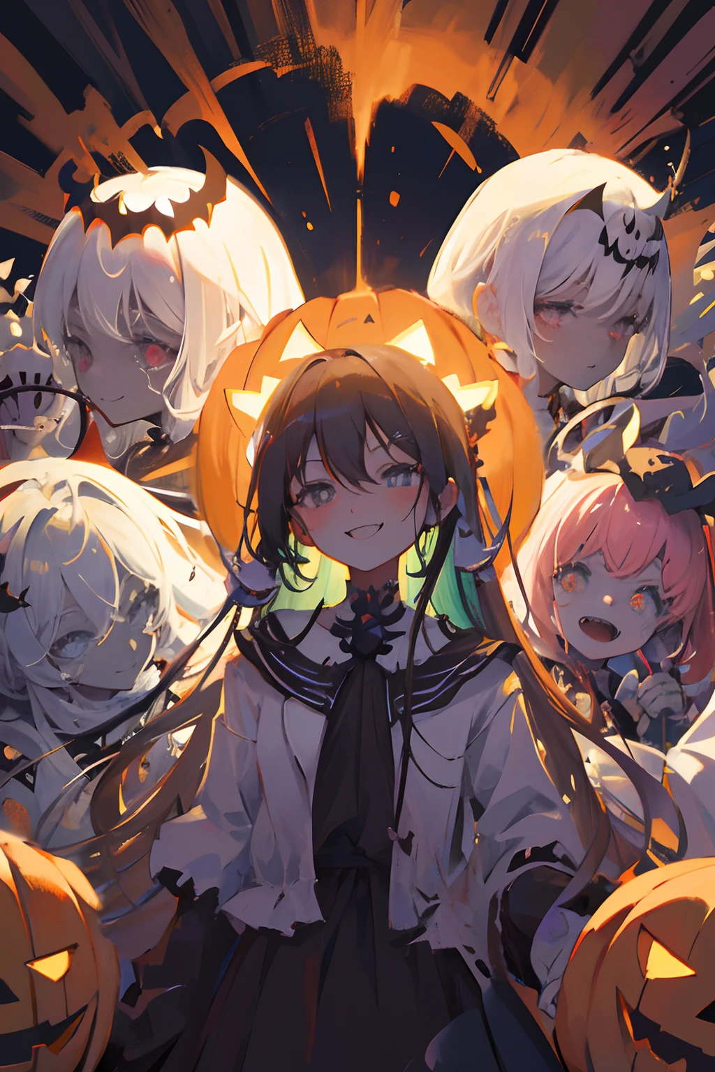 Create exquisite illustrations reminiscent of Makoto Shinkai's style, It has ultra-fine details and top-notch quality. Create a whimsical creepy Halloween illustration depicting five laughing ghosts in a haunted house. These 5 occurrences are as follows:、Skeleton included, The ghost of the pumpkin head, Traditional ghosts, the witch, and black cat. All ghosts have a mischievous smile on their faces, Add an element of creepy charm to your scene. The mansion is decorated with Halloween decorations, Gives an eerie yet fantastic atmosphere.