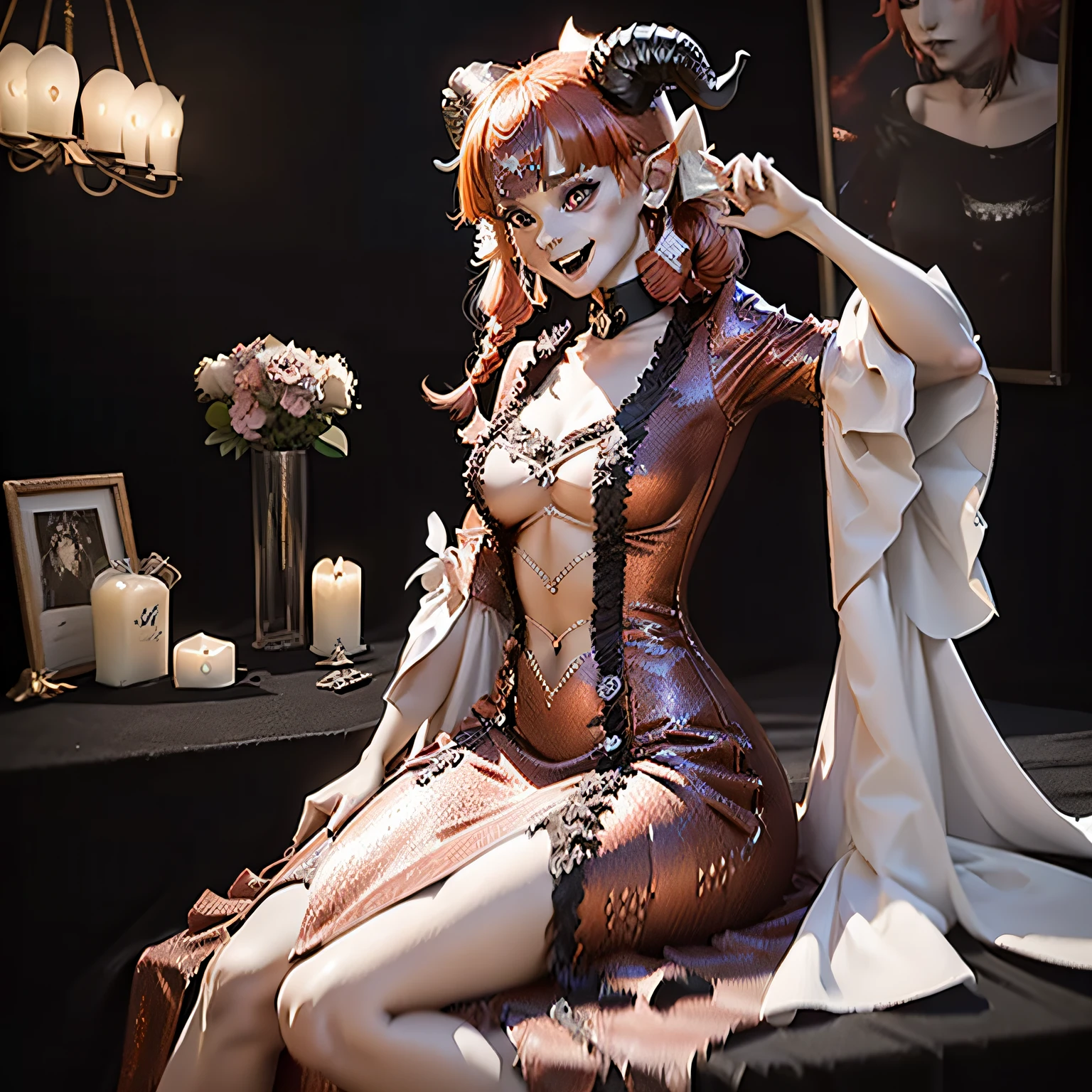 White skinned woman with red hair with horns and horns on her head sitting at a table,  anime demon, 2. 5 d cgi anime fantasia arte | | | | | | | | | | | | | | |, portrait of demon girl, 3 d render arte do caractere 8 k, Demon girl, arte de anime digital detalhada, deviantart artstation cgscosiety, Succubus bonito | | | | | | | | | | | | | | |, arte conceitual escura fotorrealista, Arte digital altamente detalhada em 4k, ((Sorriso com dentes extremamente afiados)), ((vestido vermelho)), ((( Busto extremamente enorme))), (((bunda enorme vestida))), (((Olhos vermelhos))), (((Cabelos ruivos))).