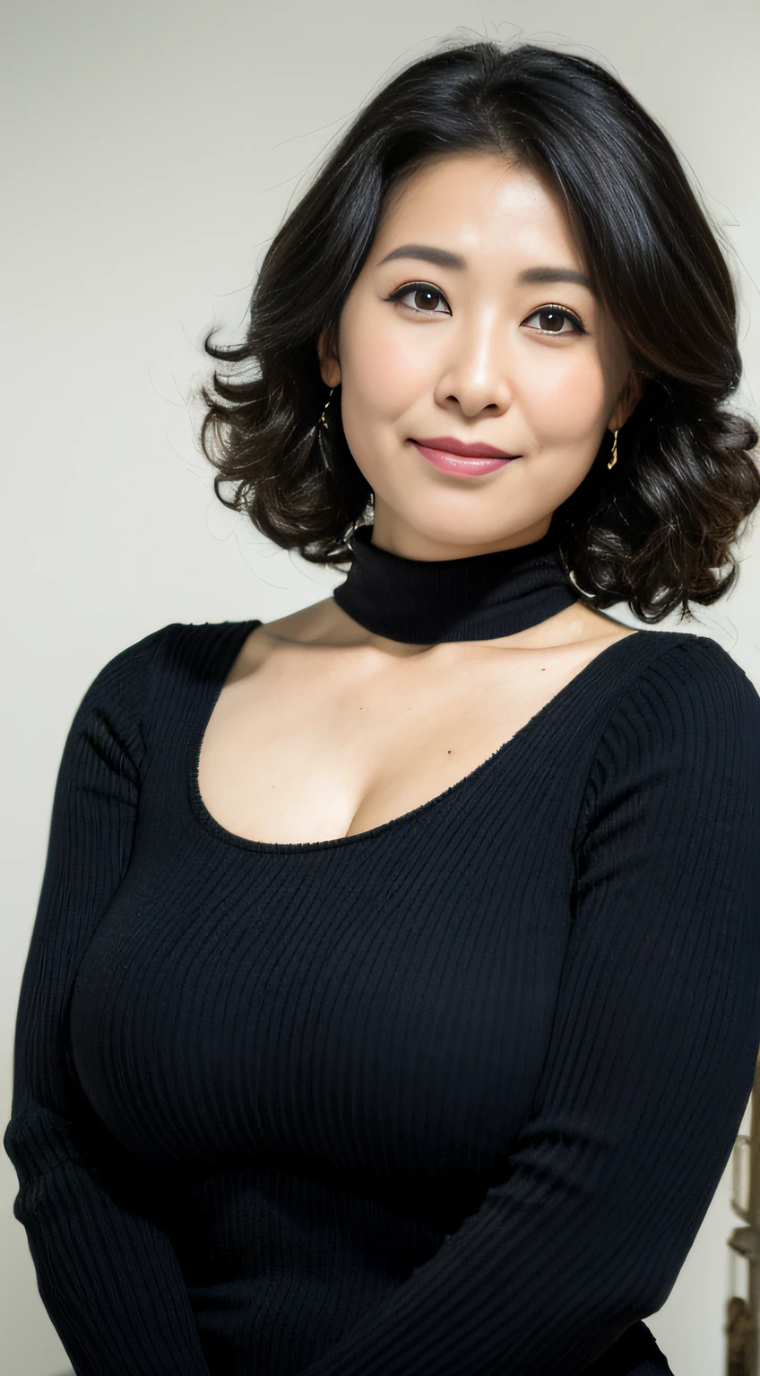 ((Best quality, 8K, Masterpiece, Portrait: 1.3)), (View viewers), Photorealism, Sharp focus, Solo, The Moro Islamic Liberation Front of Japan, Beauty,Wavy hair, ((Big breasts:1.3)),30 years old, curlies,(Black High Neck Dress, standing on your feet:1.2)((looking at viewert))