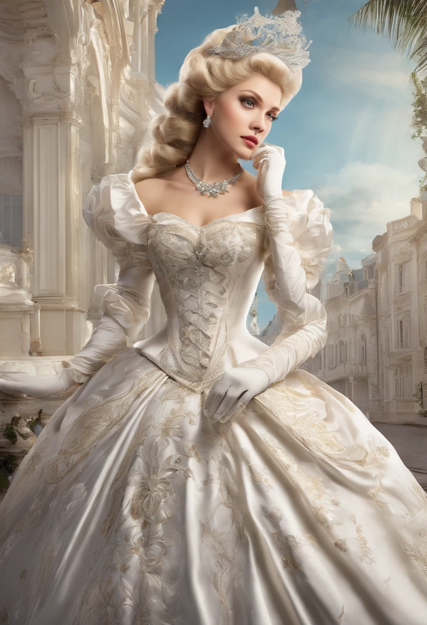 A stunningly beautiful blonde fairytale Princess shining with Royal Pomp and Regal Splendor, wearing a Stately and (((Elaborate))) Royal Cinderella Ballgown of Silver and White Brocade, with (((enormous puffed sleeves))) a stiffly boned, padded and corseted bodice, an hourglass waist, a (((huge crinoline hoopskirt))) and (((bustle))), adorned with ribbons, bows, roses, lace, ruffles, frills, embroidery, and jewels, elaborately curled and styled hair, long white gloves, pearl and diamond necklace and earrings
