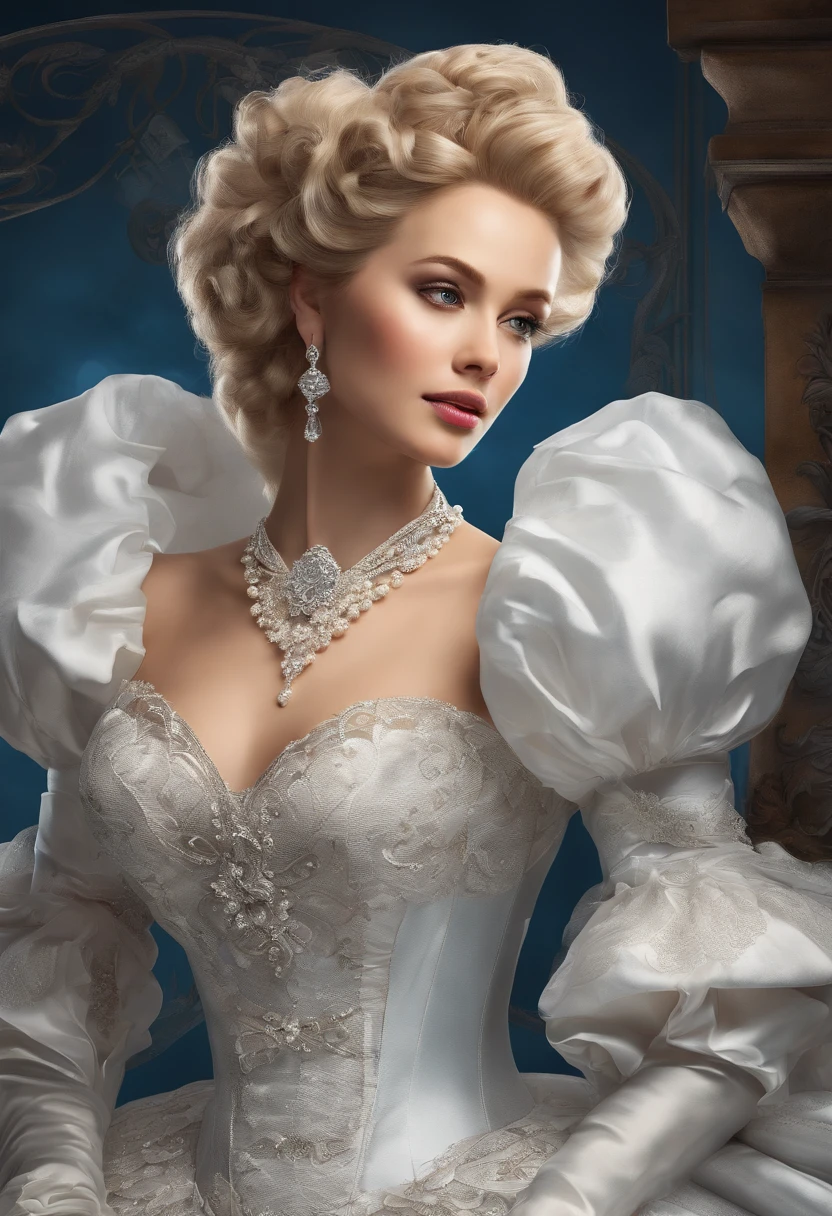 A stunningly beautiful blonde fairytale Princess shining with Royal Pomp and Regal Splendor, wearing a Stately and (((Elaborate))) Royal Cinderella Ballgown of Silver and White Brocade, with (((enormous puffed sleeves))) a stiffly boned, padded and corseted bodice, an hourglass waist, a (((huge crinoline hoopskirt))) and (((bustle))), adorned with ribbons, bows, roses, lace, ruffles, frills, embroidery, and jewels, elaborately curled and styled hair, long white gloves, pearl and diamond necklace and earrings