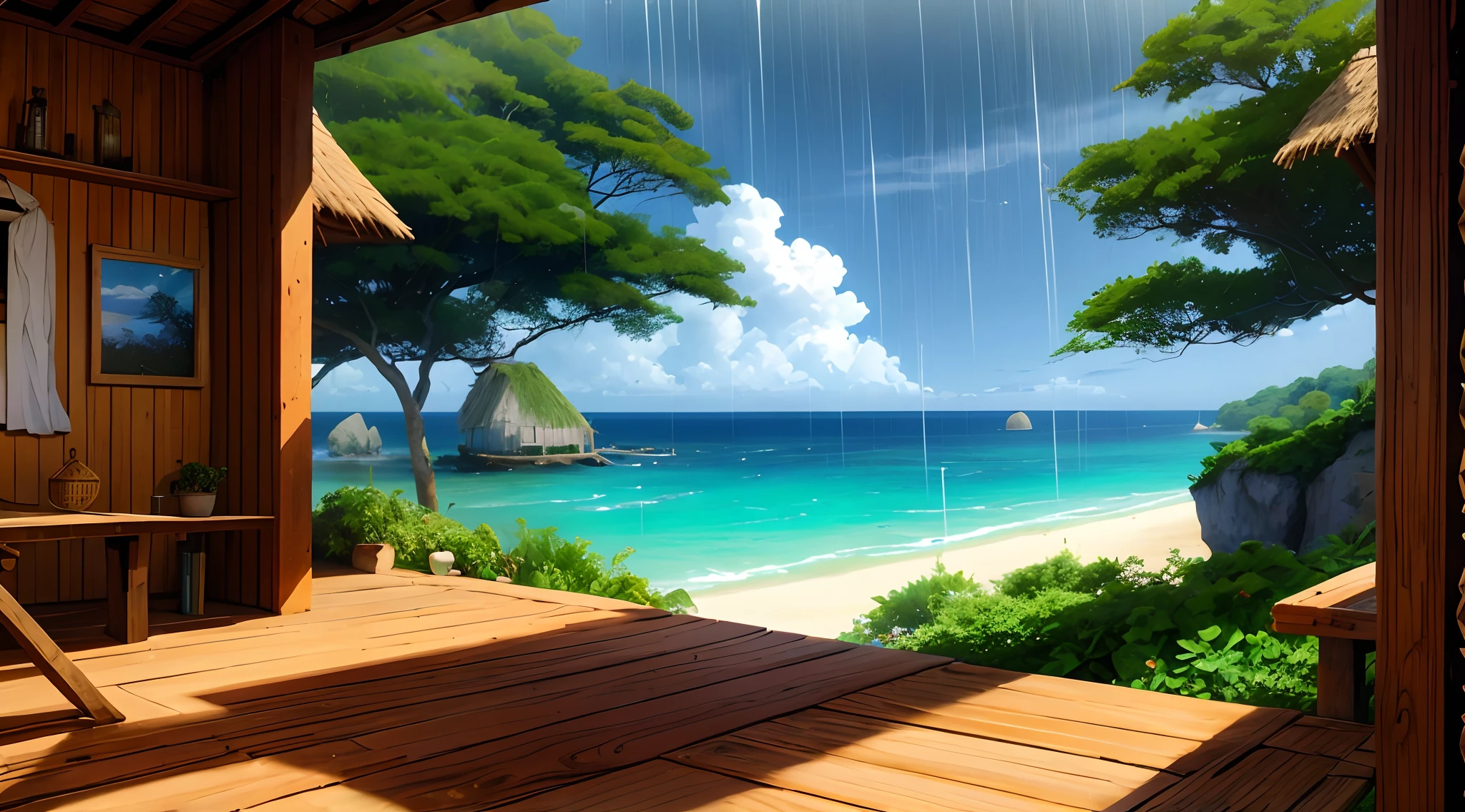 West Africa, daytime, wooden dock house, either Senegal or Abidjan or Gulf of Guinea or west africa coastal, trunk, stones, open space, background is coast, 15th century, ancient, barbarian, primitive culture, grass roof, grass wall, no man no girl ,no woman, no boy, no people, no human ,wallpaper