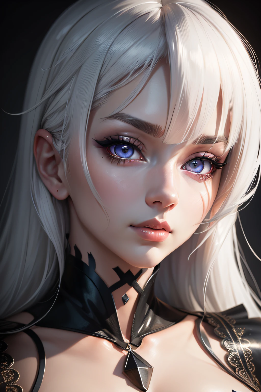 beautiful detailed eyes, beautiful detailed lips, extremely detailed face, long eyelashes, white hair, dark background, intense lighting, anime style, vibrant colors, high resolution, seductive pose, captivating expression, alluring atmosphere.