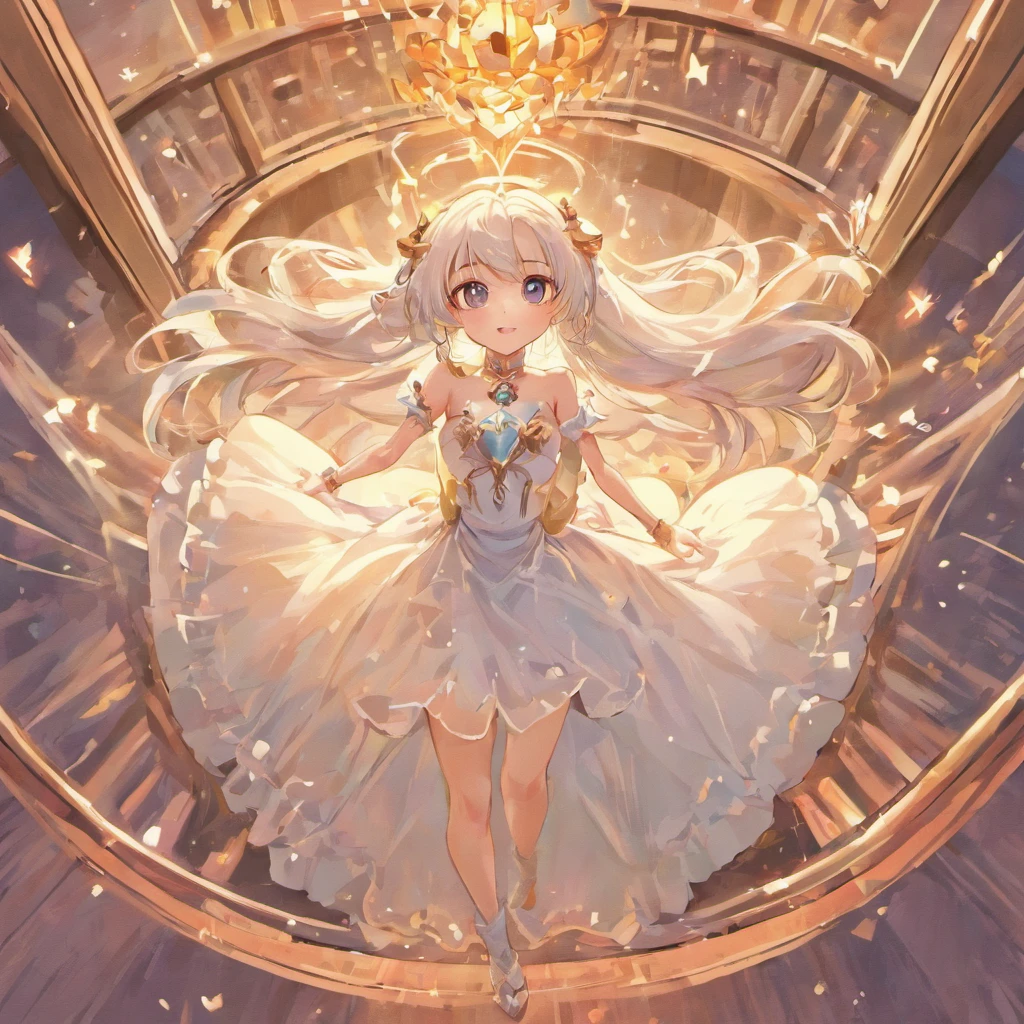 1girll，Cute little loli，silver-white long hair，Dressed in a gorgeous princess dress，White panty hose，Wear a pair of high-heeled sandals on your feet