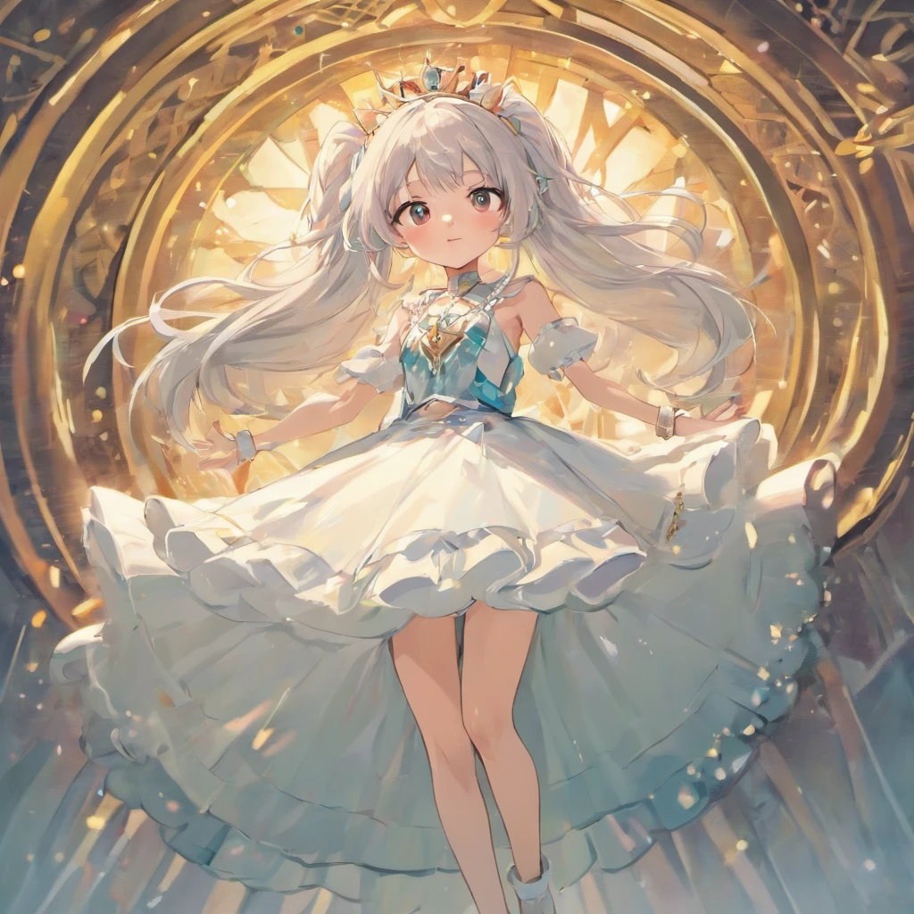 1girll,Cute little loli,silver-white long hair,Dressed in a gorgeous princess dress,White panty hose,Wear a pair of high-heeled sandals on your feet