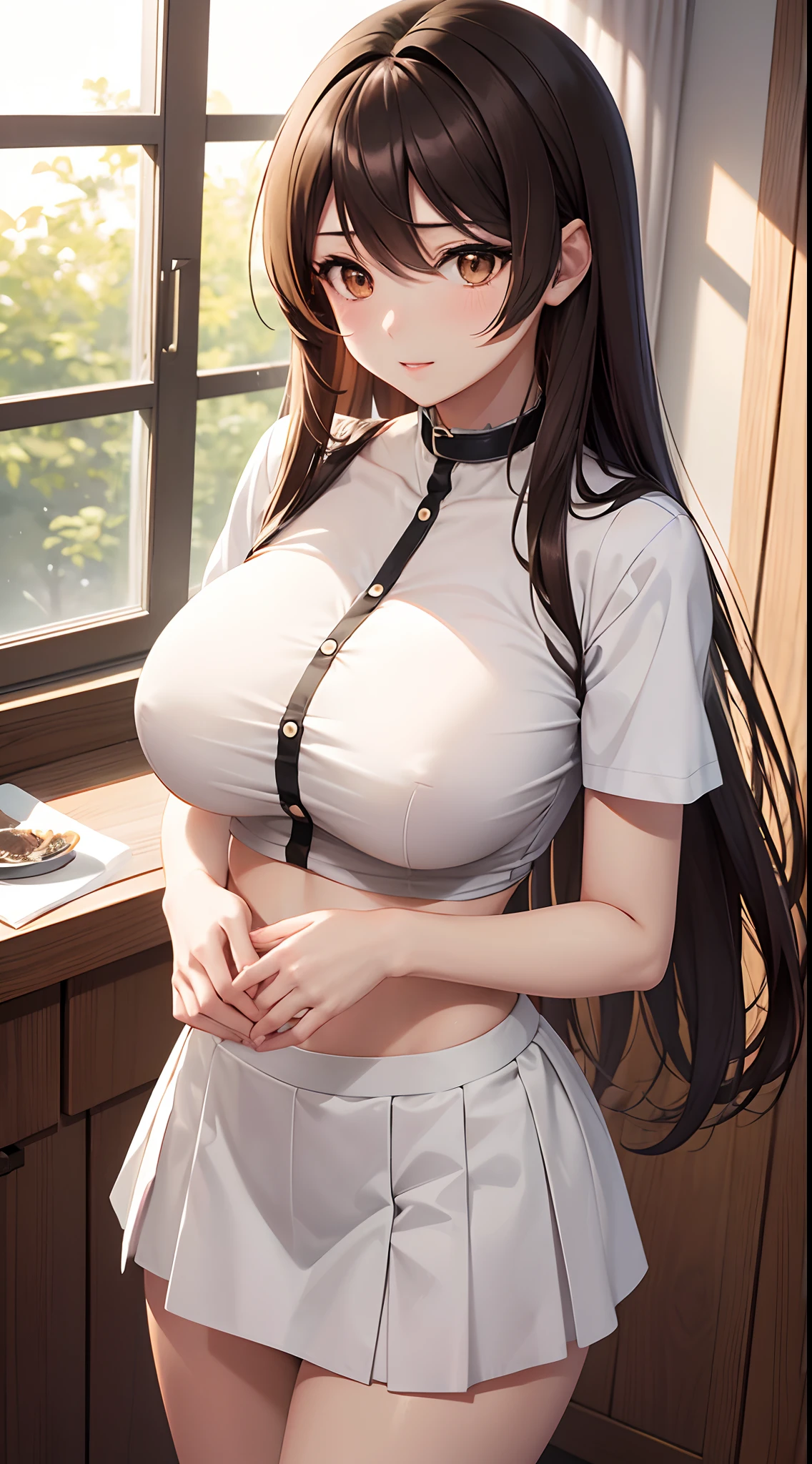 anime girl in a yellow button t shirt & white skirt, outside, long brown colour hair until waist, brown colour eyes, seductive anime girl, beautiful alluring anime woman, [ 4 k digital art ]!!, breasts covered and sfw, beautiful alluring anime teen, big breasts!, big breasts!!, with large breasts, sfw huge breasts, with a large breasts, | fine detail anime, smooth anime cg art, standing pose, slim waist, perfect body figure