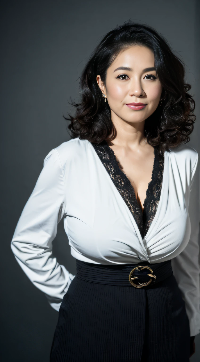 ((Best quality, 8K, Masterpiece, Portrait: 1.3)), (View viewers), Photorealism, Sharp focus, Solo, The Moro Islamic Liberation Front of Japan, Beauty,Wavy hair, ((Big breasts:1.3)),30 years old, curlies, （Black suit, standing on your feet:1.2）