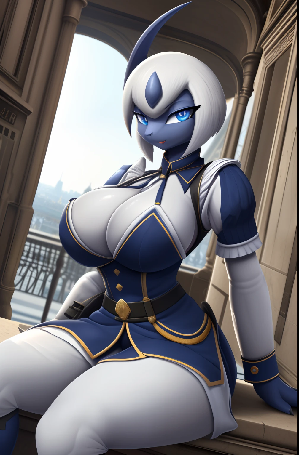 1girl (Made by R-MK), Absol woman, ((solo)), ((big and firm breasts, antrum, extremely detailed, extremely detailed legs, extremely detailed arms, extremely detailed face, perfectly detailed eyes, perfectly detailed anatomy)), looking at viewer, (Paris), (Wearing French colonial soldier uniform), (Napoleon French Bicornio)