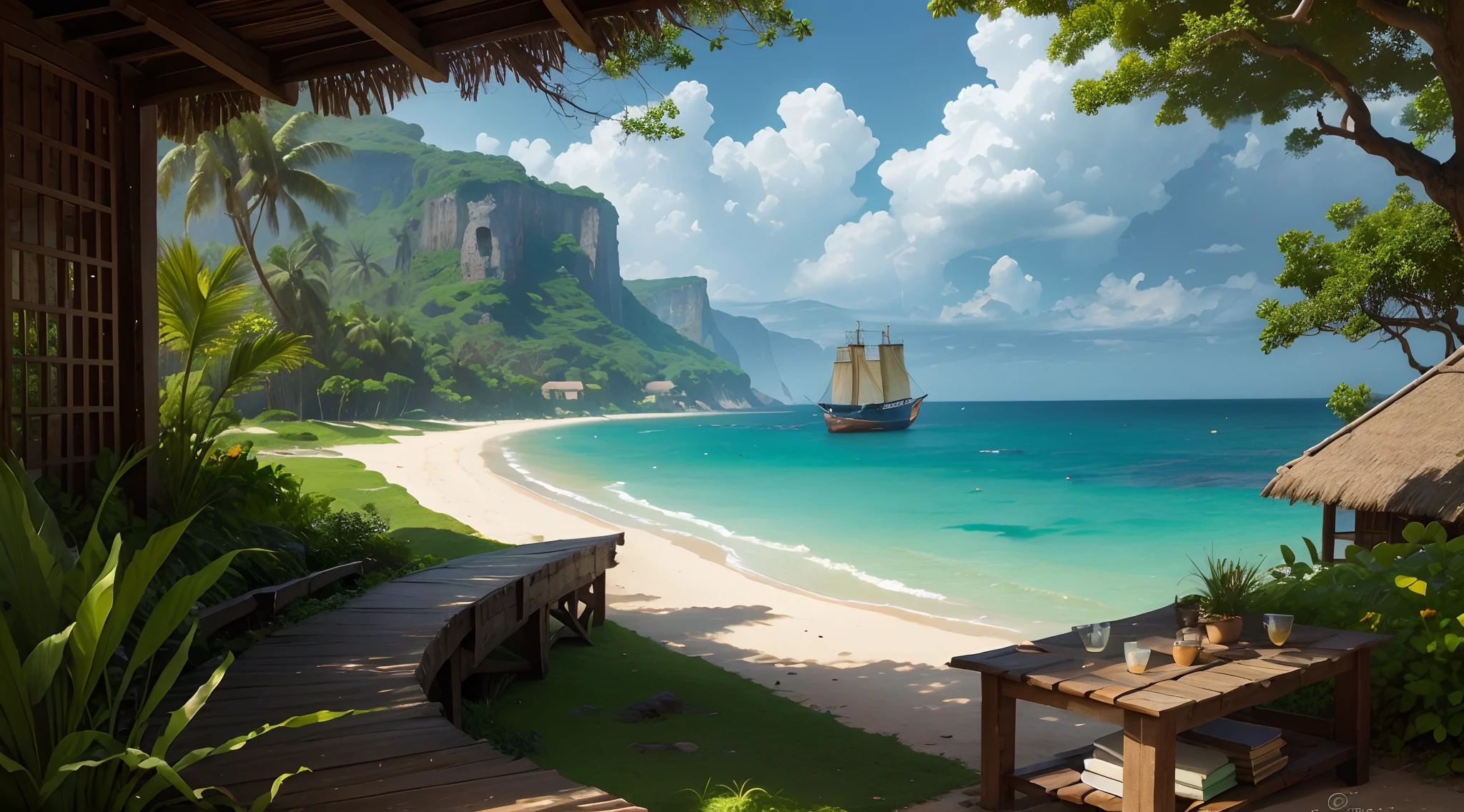 West Africa, daytime, wooden dock house, either Senegal or Abidjan or Gulf of Guinea or west africa coastal, trunk, stones, open space, background is coast, 15th century, ancient, barbarian, primitive culture, grass roof, grass wall, no man no girl ,no woman, no boy, no people, no human ,wallpaper