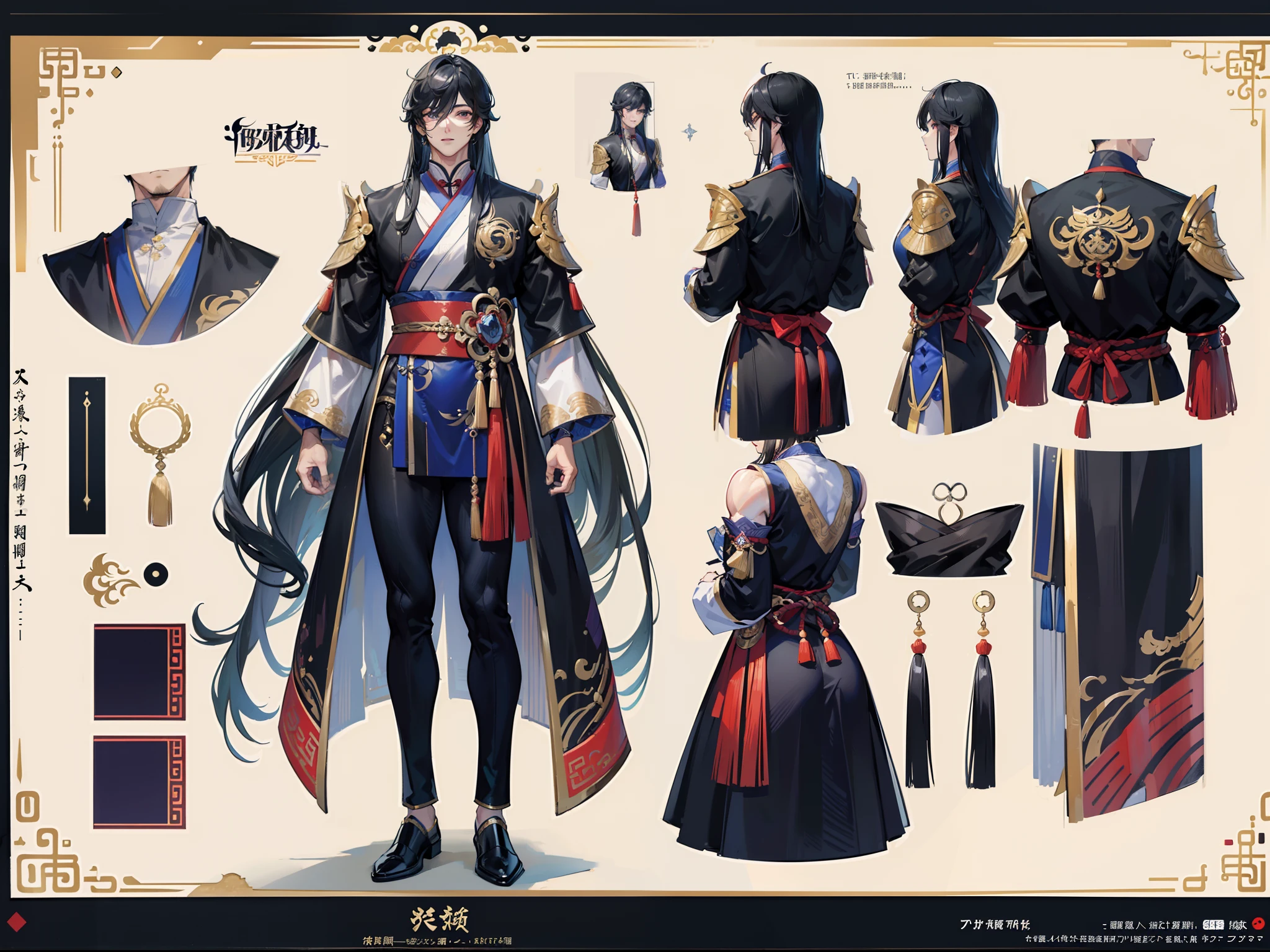 ((Masterpiece, Highest quality)), Detailed face, character design sheet, full bodyesbian, Full of details, frontal body view, back body view, Highly detailed, Depth, Many parts, Muscle boy with long black hair with long bangs,handsome man, muscle body, Traditional chinese clothes, Genshin Impact, man tall