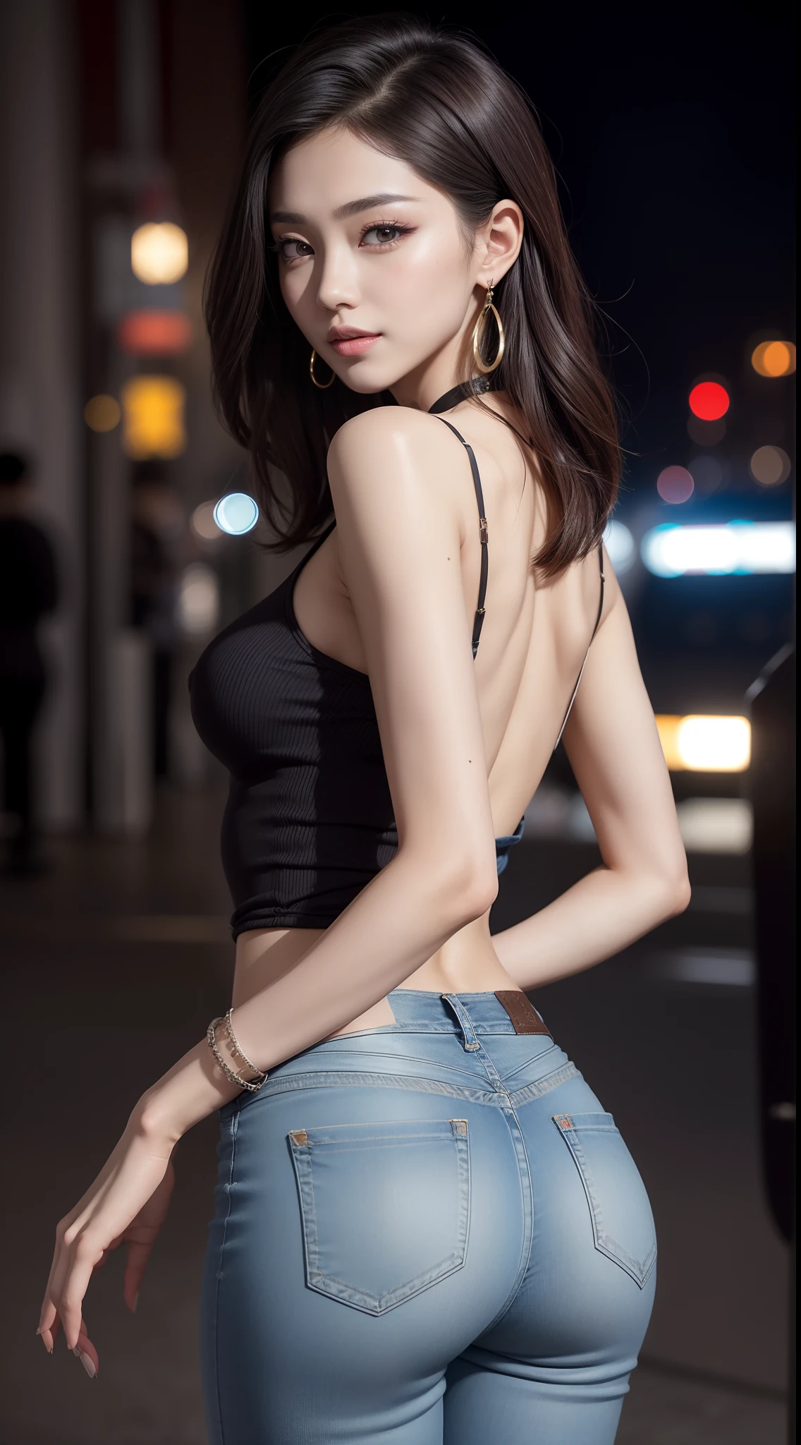 8K, Masterpiece, RAW photo, Best quality, detail:1.2),Photorealistic, Extremely detailed CG unifies 8K, 8K, Diamond, and wallpaper, Depth of field, Cinematic light, Lens flare, Ray tracing,
(Extremely beautiful face, Beautiful lips, Beautiful eyes), intricate detail face, ((ultra detailed skin)) 1girll, In the dark, deepshadow,
Pretty Korean girl, Kpop idol,(Very slim and slender muscular body:1.3), ((view the viewer)),(Big smile), (skintight jeans),(denim pant), (Injection sleeve) , (City Night,, (Night), Pretty Korean girl, Earrings, bangle, necklace, Pantyhose, Clear eyes, Walking , (Pale skin), Face forward, (Big eyes), ((upperbody shots)), Turn Back, Back shot, Very slim, slander,Quite upturned ass,(Hand pinching ass),Hand pinching ass,