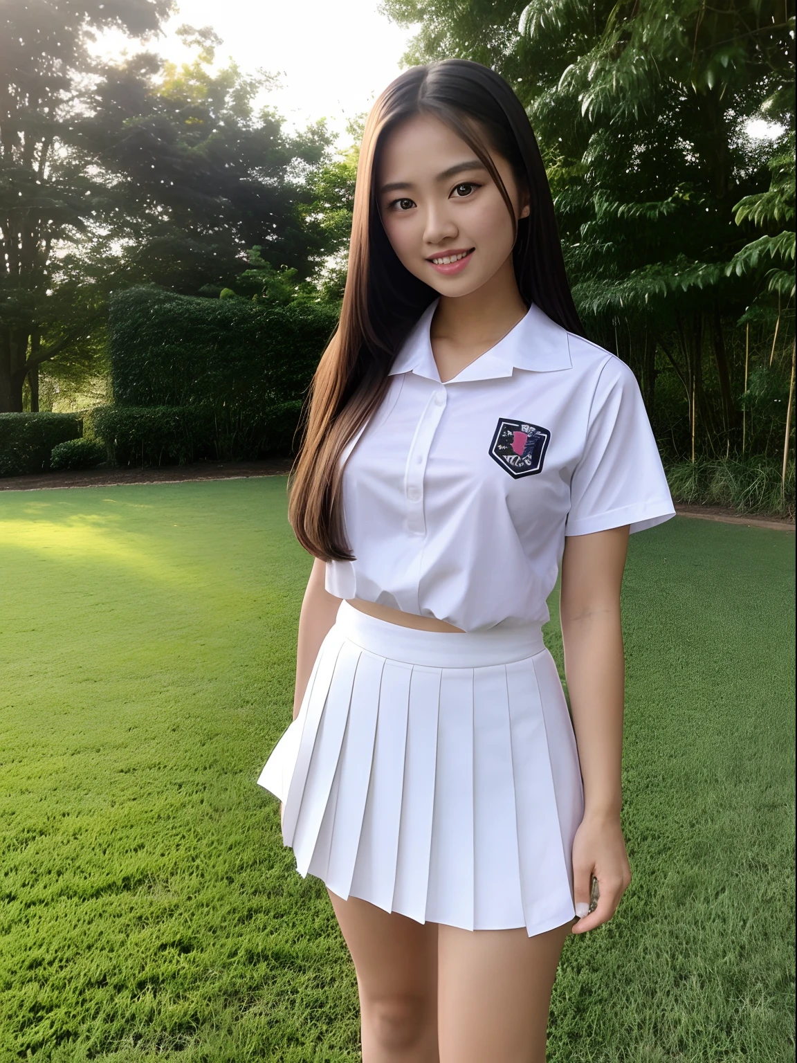 Masterpiece, hd, best quality, 1girl, long hair, blonde hair, thai woman, Thailand, 20 y.o, realistic, serafuku, upper body, (serafuku:1.0), white japanese school shirt, sailor collar, neckerchief, short sleeves, pleated skirt, blue skirt, white socks, black shoes, smile,full body,outdoors, park, lawn, trees, sunshine,