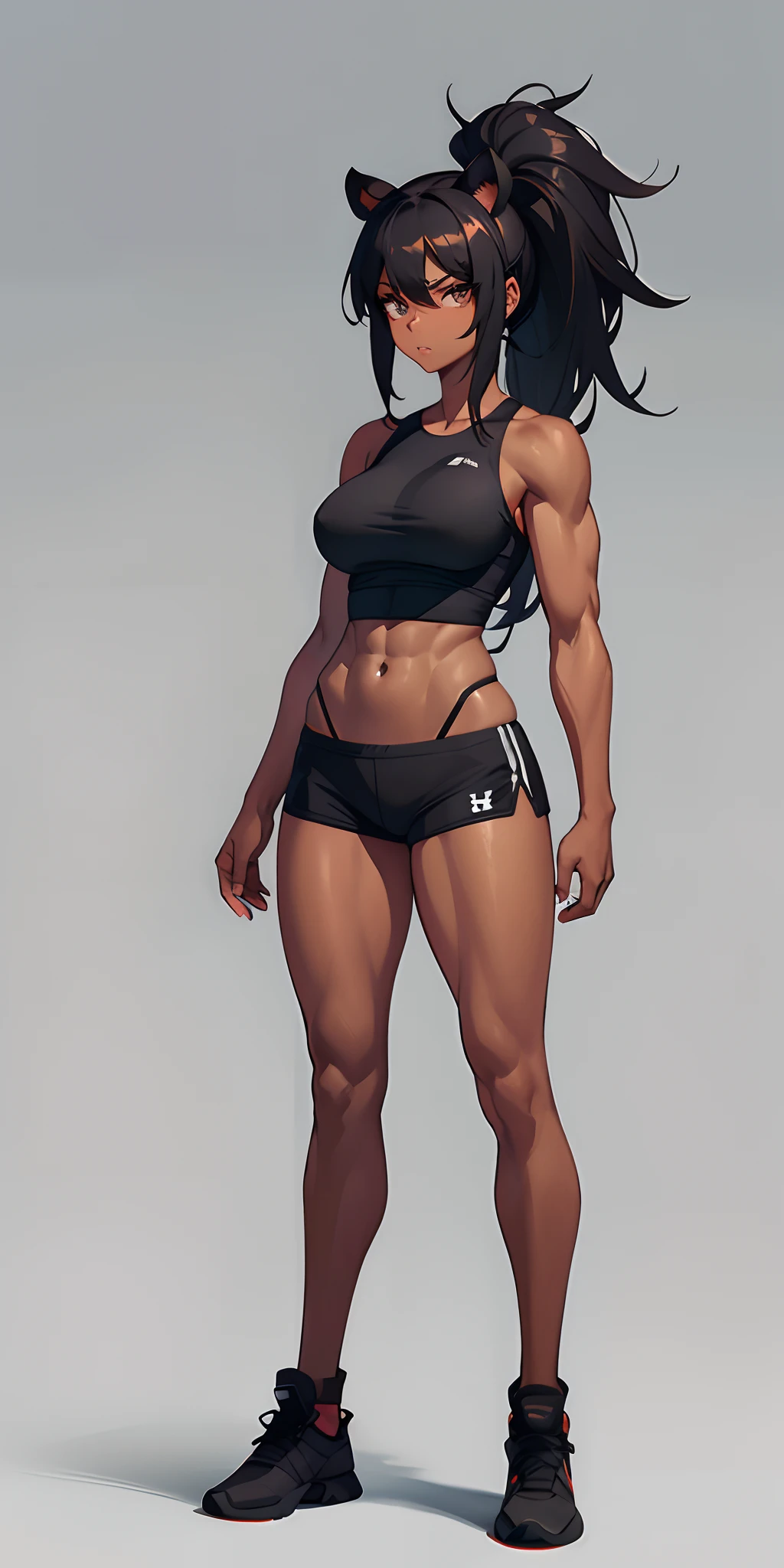 tanned woman, tanned skin, 1girl, muscular, mature, black badger ears, badger tail, voluminous black hair in a ponytail, medium breasts, grey eyes, full body, wearing tank top and sports shorts, gray background, arms on sides, standing, looking at the viewer, detailed eyes, badass, detailed eyes