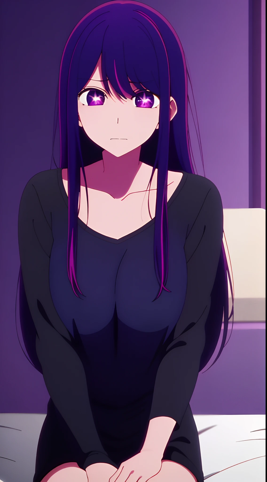 in bed, purple color hair and purple eyes, black shirt and no bra, anime visual of a cute girl, screenshot from the anime film, & her expression is solemn, in the anime film, in an anime, anime visual of a young woman, she has a cute expressive face, still from anime, big breast, red cheek, lustful face, fair skin