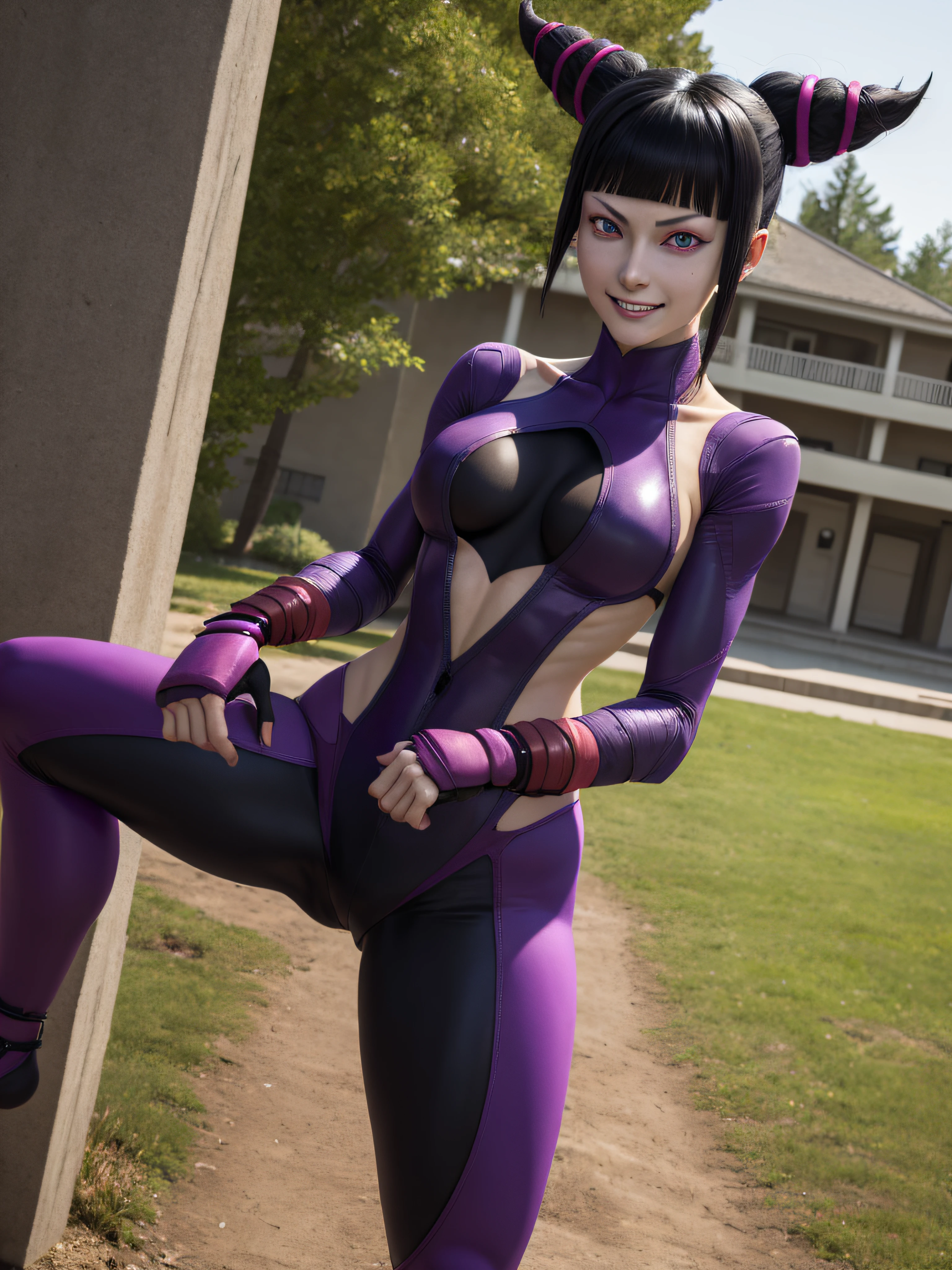 masterpiece, best quality, highres, twojuri, purple eyes, long sleeves, fighting stance, evil grin, outdoors