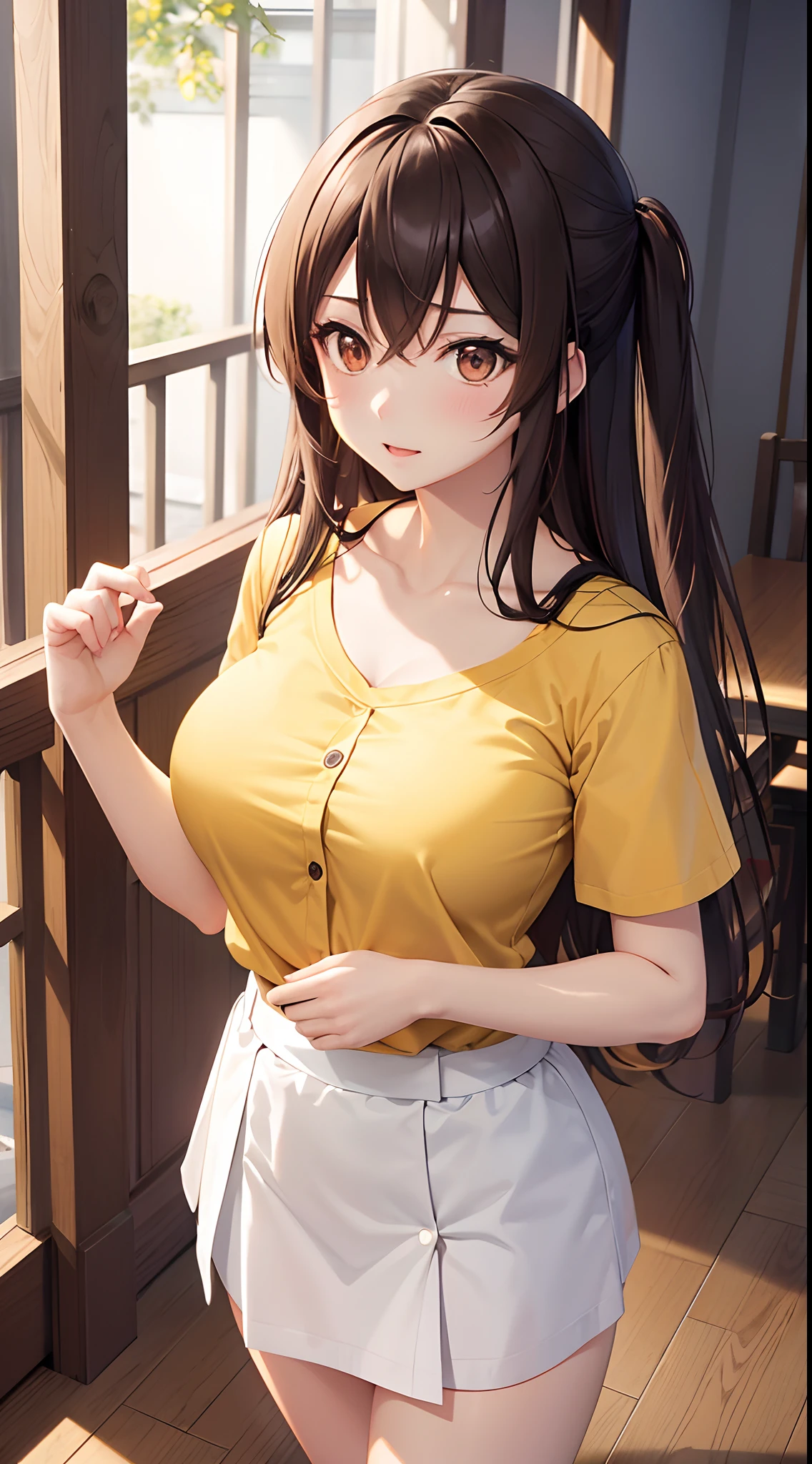 anime girl in a yellow button t shirt & white skirt, outside, long brown colour hair until waist, brown colour eyes, seductive anime girl, beautiful alluring anime woman, [ 4 k digital art ]!!, breasts covered and sfw, beautiful alluring anime , big breasts!, big breasts!!, with large breasts, sfw huge breasts, with a large breasts, | fine detail anime, smooth anime cg art, standing pose, slim waist, perfect body figure