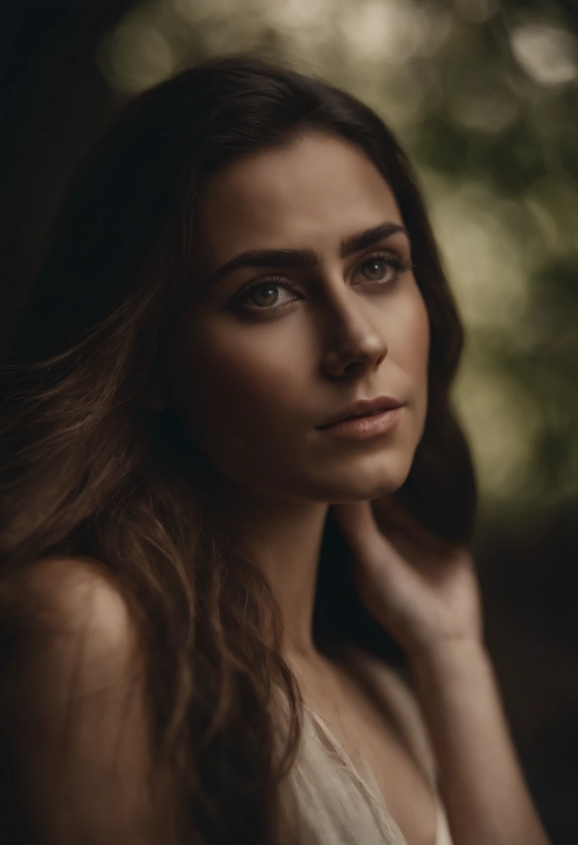 Retrato de uma mulher realista com olhos claros, Pele escura, Long and nice hair.