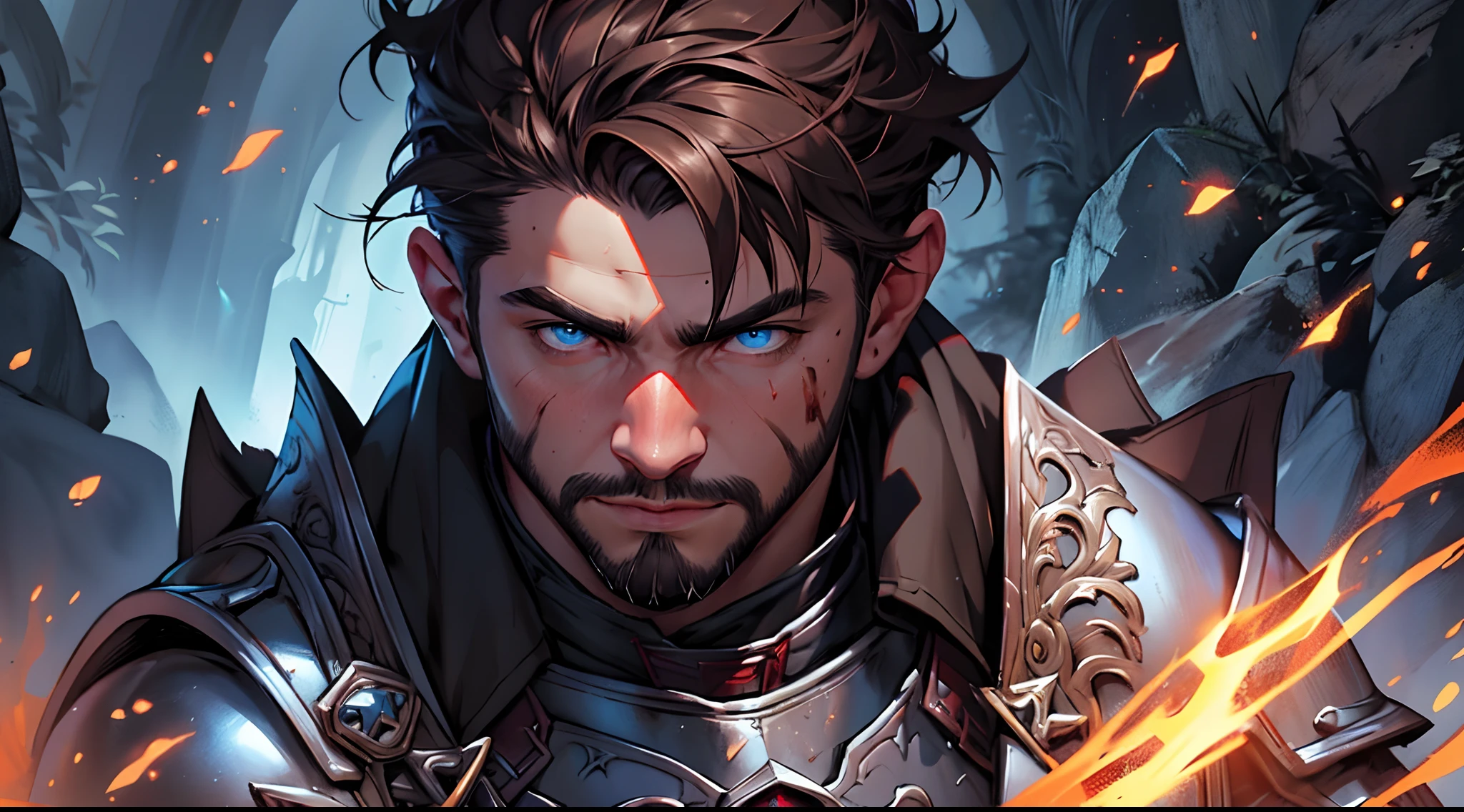 man with short beard, epic rpg portrait, fantasy male portrait, rpg portrait concept art, male warrior, fantasy concept art portrait, epic portrait illustration, detailed character portrait, one human warrior, big black armor with details red, full armor, blue eyes, short hair, brown hair, dungeons and dragons character, detailed hands, cape, High Detail, blood spatter