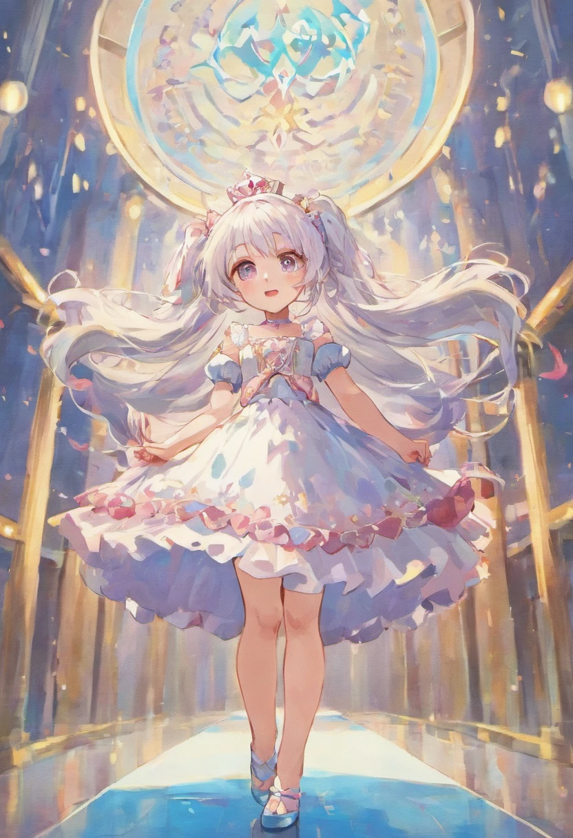 1girll，Cute little loli，silver-white long hair，Dressed in a gorgeous princess dress，White panty hose，Wear a pair of high-heeled sandals on your feet