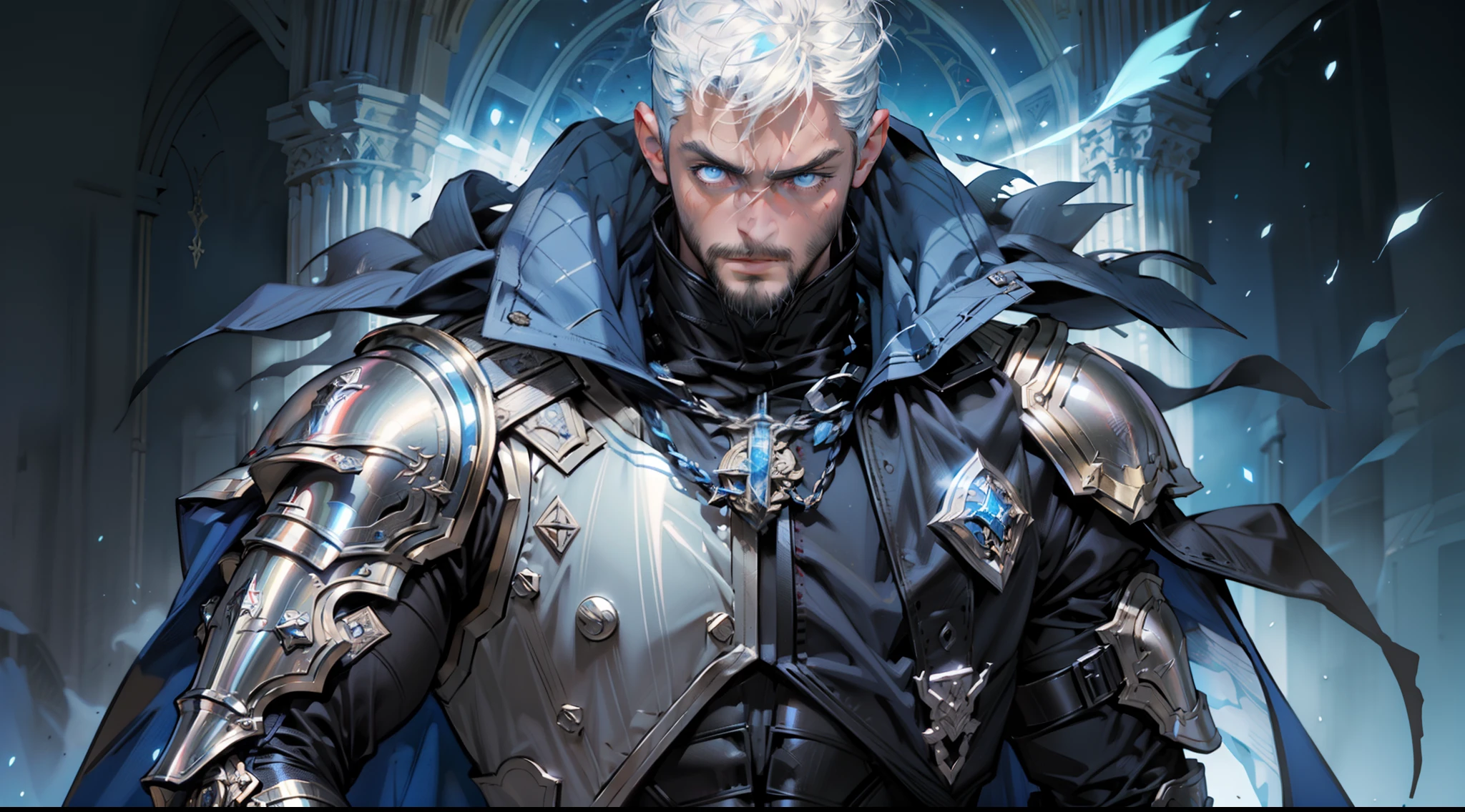 Highest quality, masterpiece, male, black super short hair, blue eyes, armor, cape, brightly colored, bright picture, paladin, muscular, short beard, mature, glowing particle special effects, church, national character face, tall, strong, rough face, falling feathers