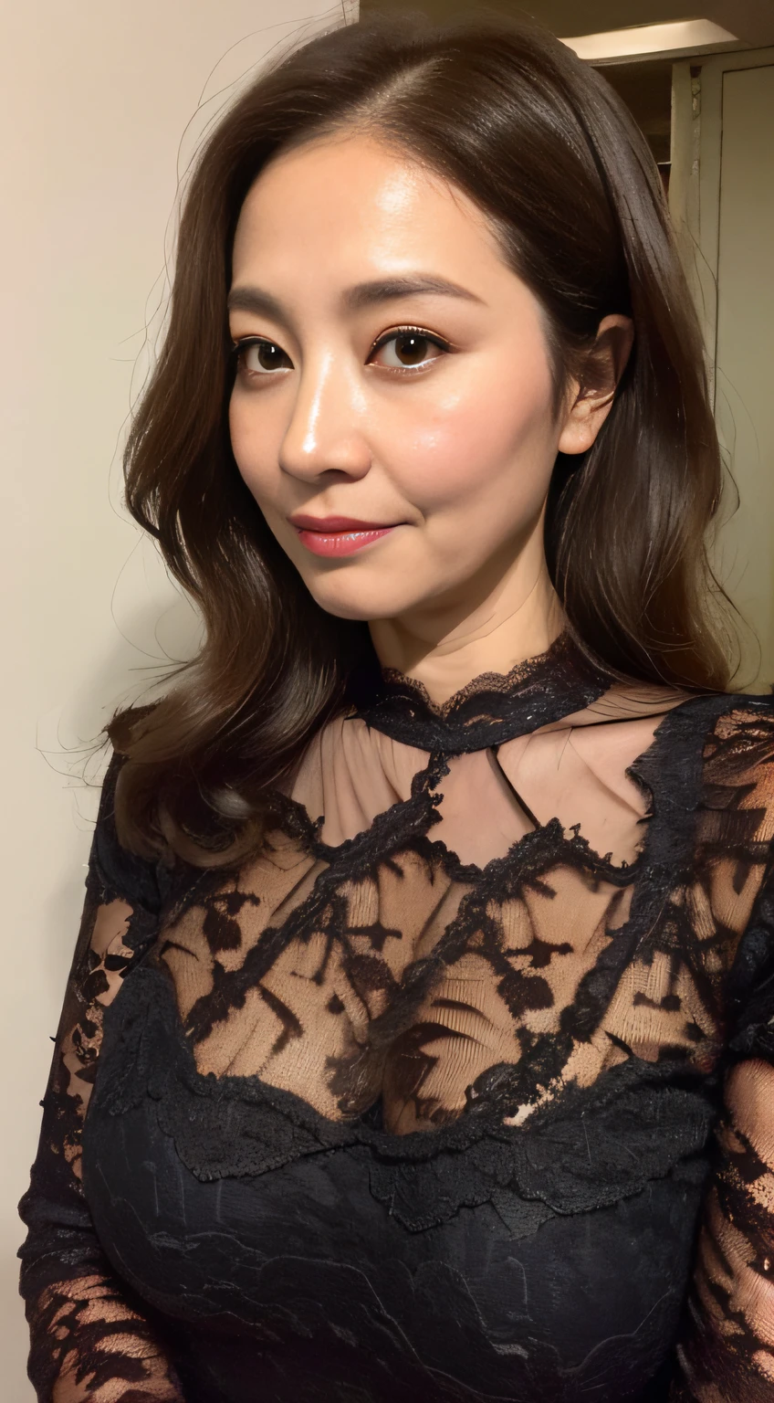 ((midynight, Need, 8K, tmasterpiece:1.3)), full bodyesbian, Long legs, Focalors:1.2, perfect figure beautiful woman:1.4, ((Dark brown hair)), ( Lace dress, standing on your feet:1.2), ((sobu)), Highly detailed facial and skin texture, A detailed eye, 二重まぶた,Beauty,Wavy hair, Wrinkles at the corners of the eyes, to emphasize, ,(Bigchest),aged 40, Wrinkled eyes,