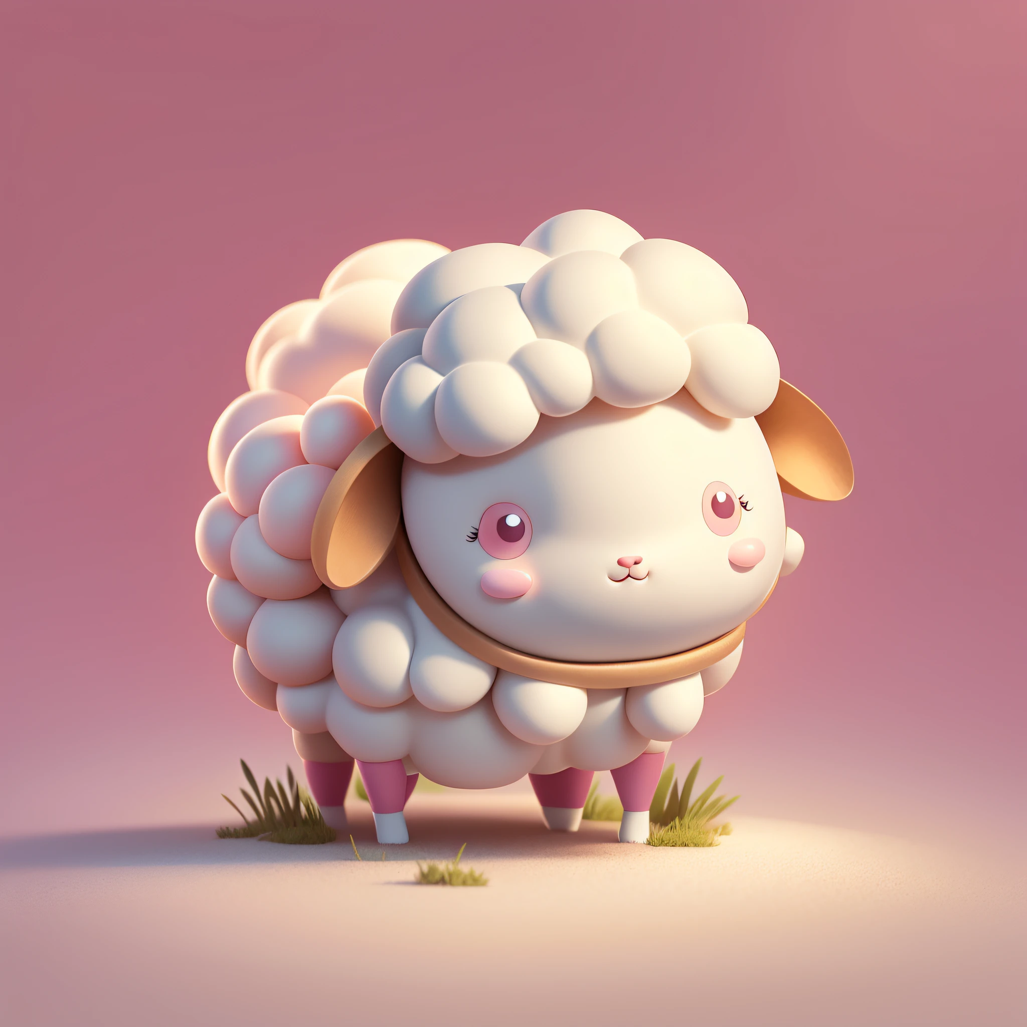 This photo is a cartoon drawing of a cute sheep with a round body and fluffy fur. The sheep has a small head with big eyes and a pink nose. The sheep's body is covered with cottony white fur