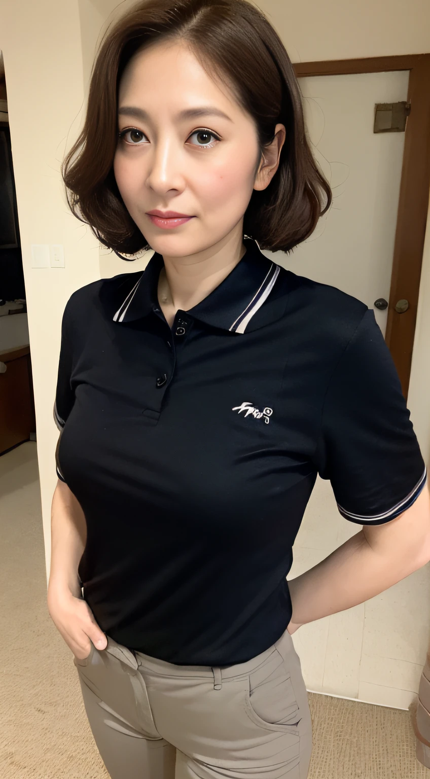 ((midynight, Need, 8K, tmasterpiece:1.3)), full bodyesbian, Long legs, Focalors:1.2, perfect figure beautiful woman:1.4, ((Dark brown hair)), (Golf Polo Shirt and Pants, standing on your feet:1.2), ((sobu)), Highly detailed facial and skin texture, A detailed eye, 二重まぶた,Beauty,Wavy hair, Wrinkles at the corners of the eyes, to emphasize, ,(Big breasted 1.2),aged 40, Wrinkled eyes,