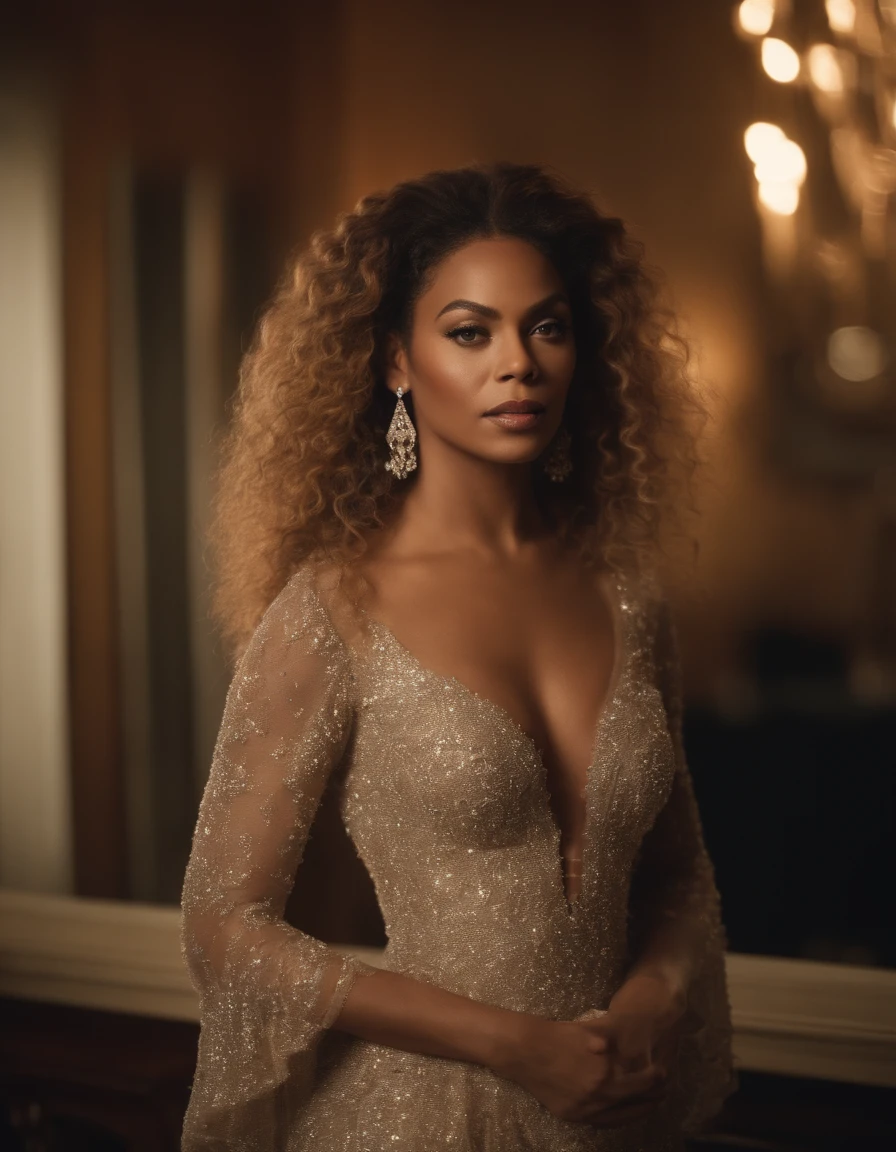 create an imagem of Beyoncé talking on the phone, in a beautiful dress