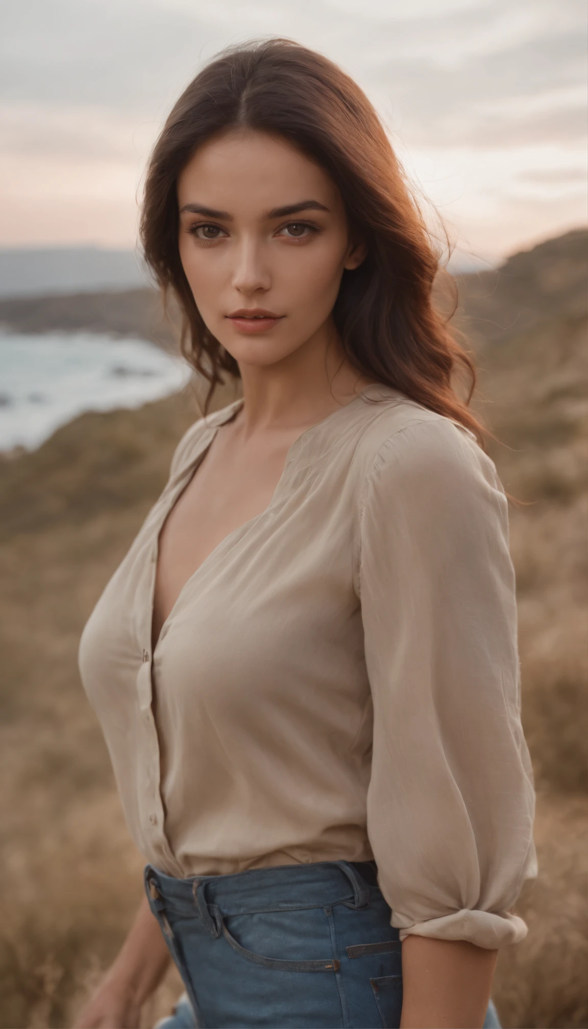 Prise de vue du corps entier, Made by Polaroid, Belle femme latine aux cheveux bruns, Queue, yeux bleus, Jambes et poitrine, tanned skin, shirt unbuttoned, mini-jupe, La main qui tient les cheveux, beau paysage naturel, very very detailed, extremely realistic