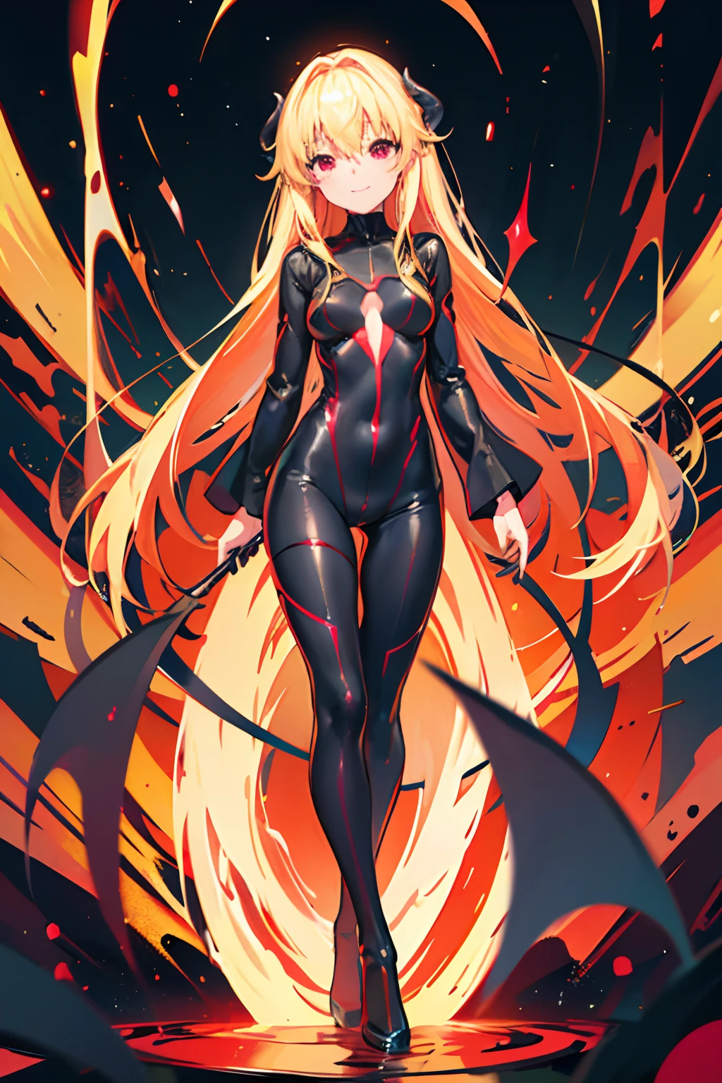 Carefully draw the face　5 ******** girl　High-quality faces in anime style　a blond　Shiny black full body suit　Red lines all over the body　seductiv　a smile　Morrigan Aensland　Rear view