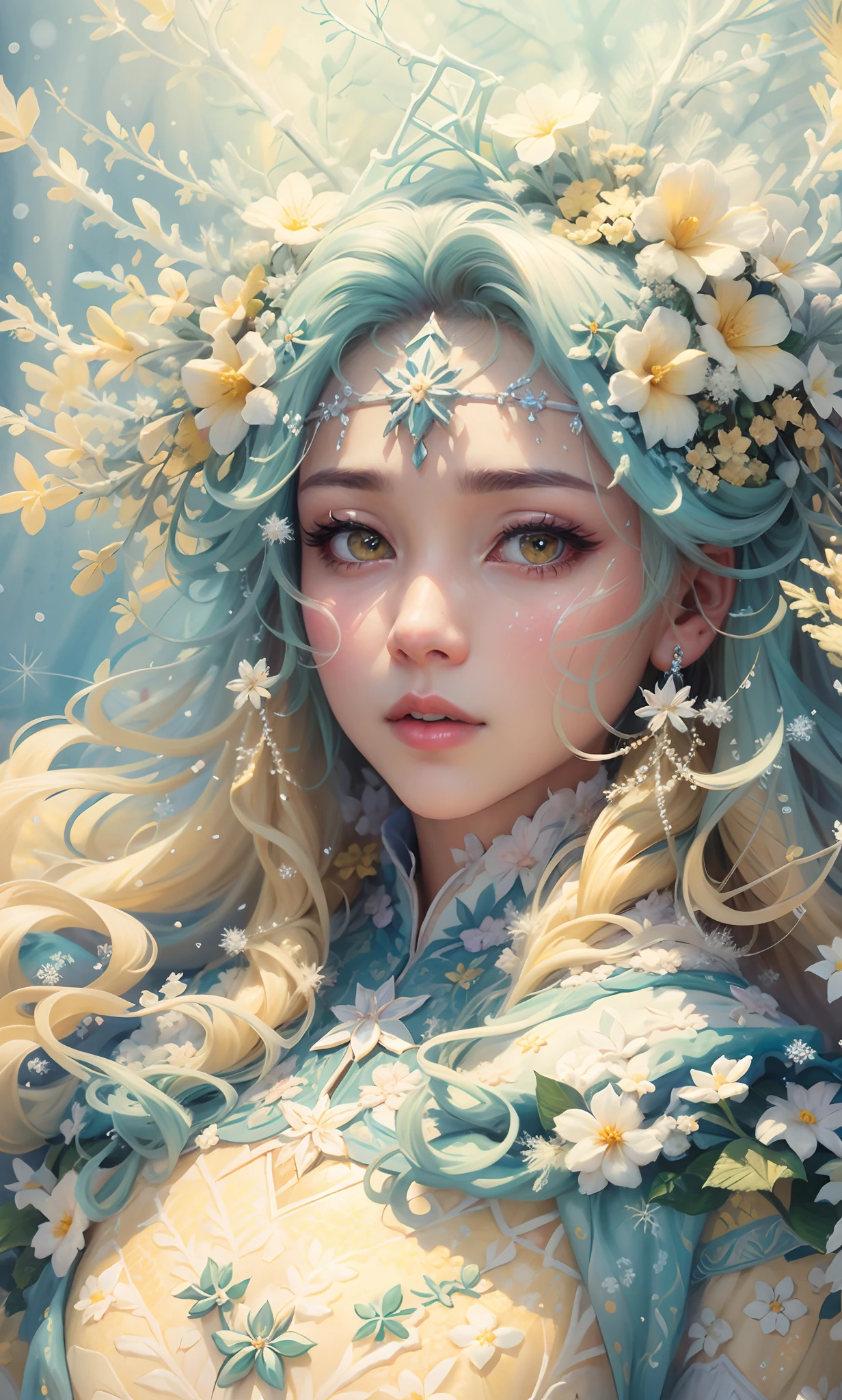 Beautiful frost frost yellow winter queen soft Hawaiian flowers hyperdetailed portrait 8k Claude Monet