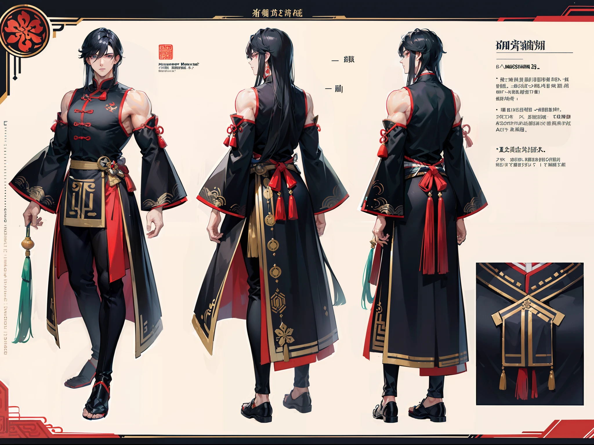((Masterpiece, Highest quality)), Detailed face, character design sheet, full bodyesbian, Full of details, frontal body view, back body view, Highly detailed, Depth, Many parts, Muscle boy with long black hair with long bangs,handsome man, muscle body, Traditional chinese clothes, Genshin Impact, man tall