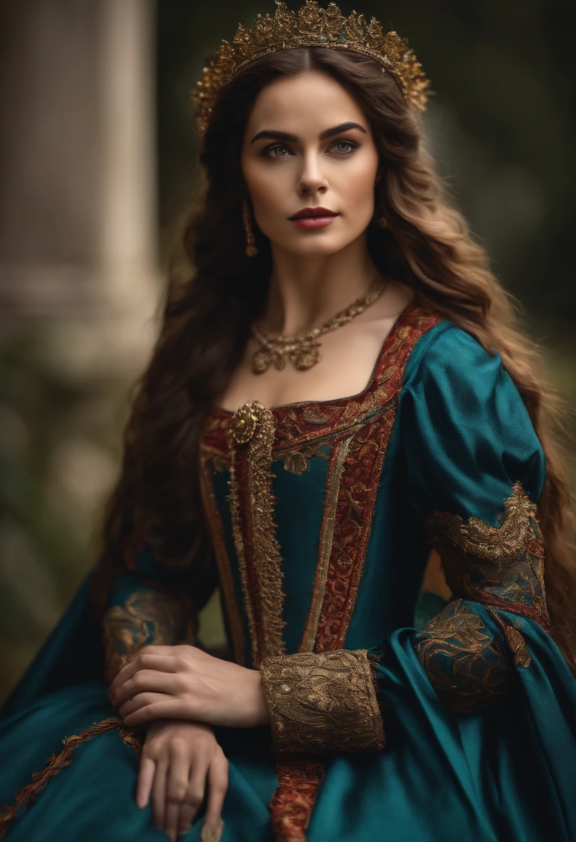 um corpo feminino com o rosto de cachorro, vestido com uma armadura medieval