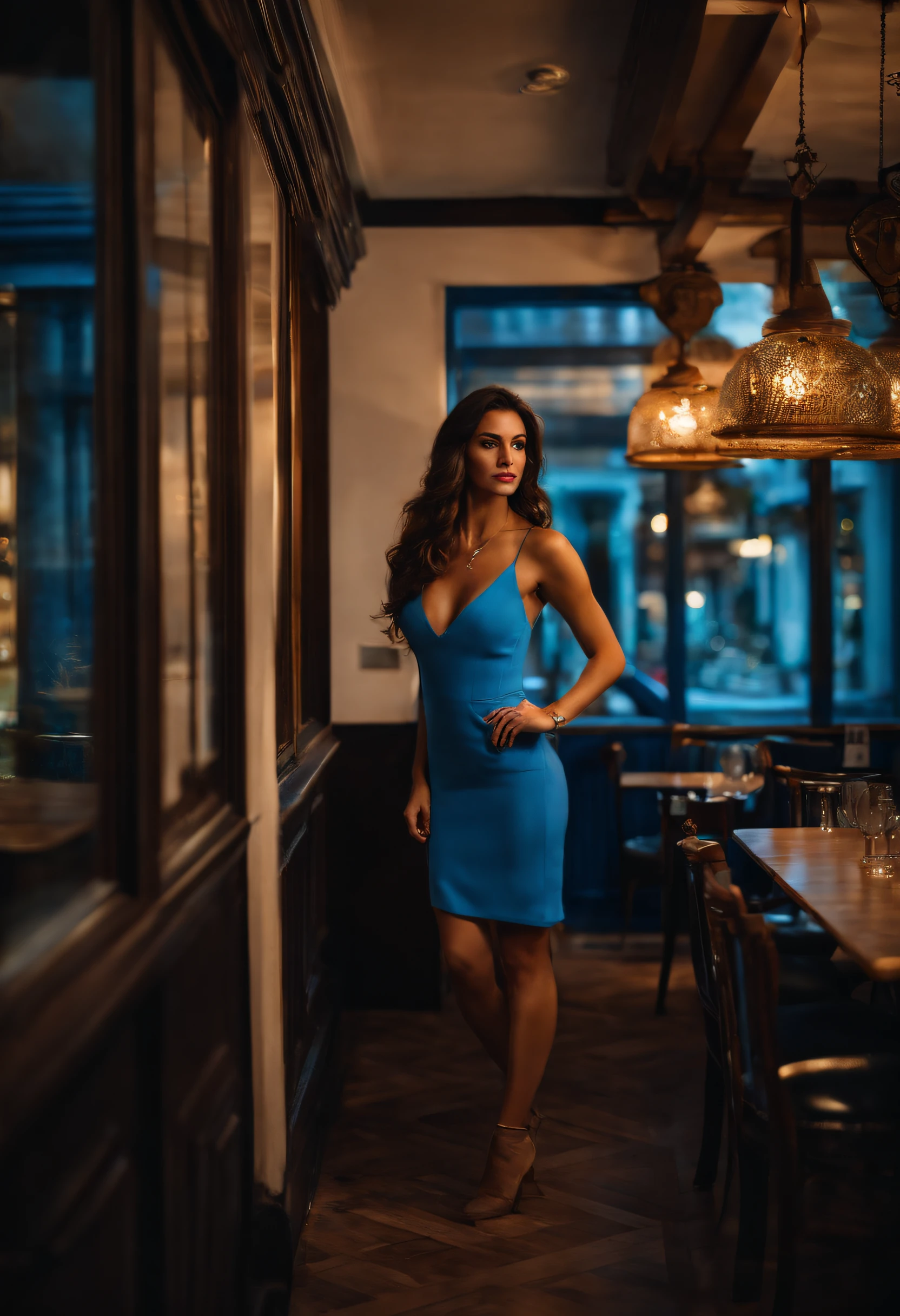 Thin brunette woman about 23 years old, caminando por la calle, sin ropa, ojos azules, fotorrealista in restaurant