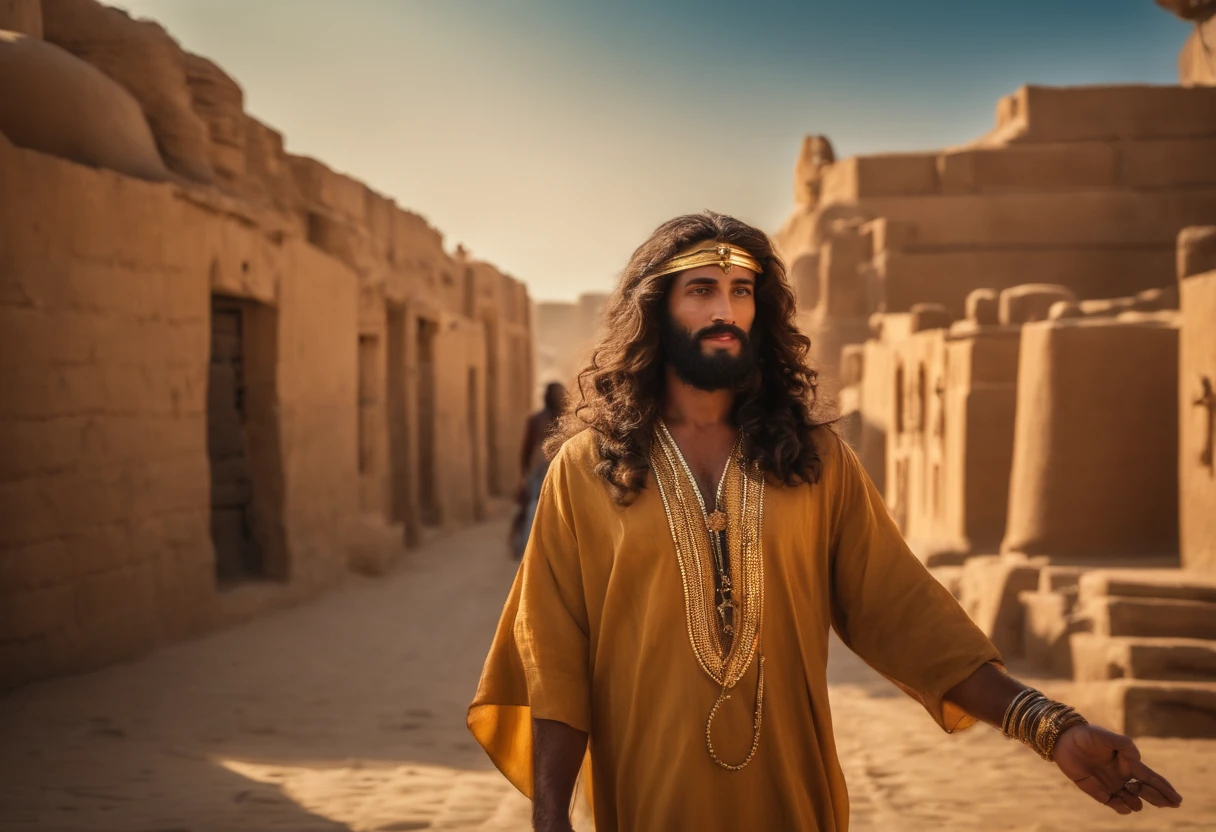 imagem de JESUS CRISTO,  Um Menino, de pele morena cabelos longos e castanho, sete anos de idade . Walking around the city of Egypt in front of the cameras, entre pessoas .4k, Altamente detalhado e realista.