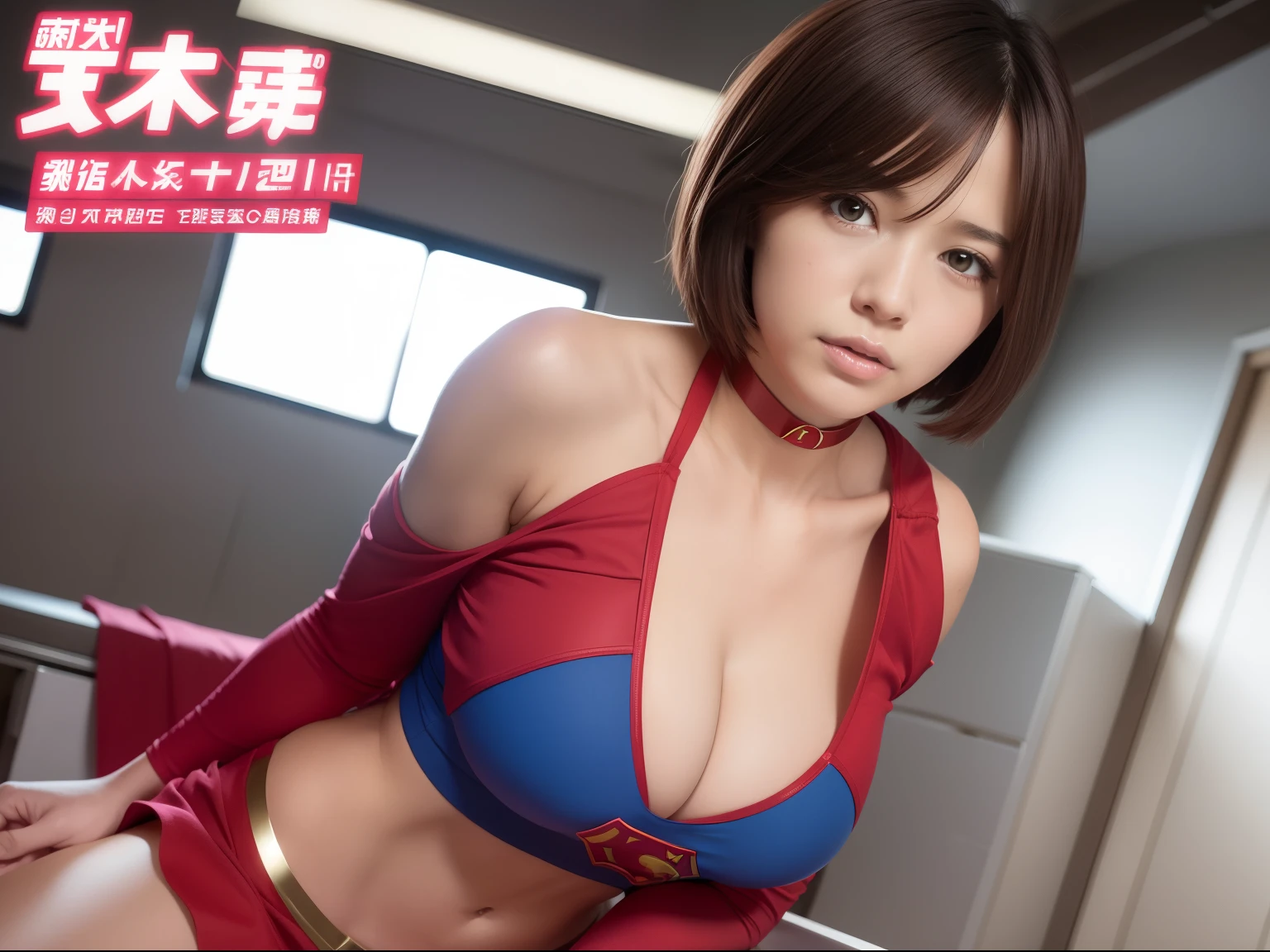masutepiece,Supergirl Costume, short-hair, bare-legged, large full breasts,surgery room、Operating table、straddle、depraved、shiny、Looking at the camera、seduces、estrus、Cowgirl、Trance、Fayue、enjoyment、The sheen、Red shortcloak、a choker、Weekly magazine cover、bewitching poses、Bite
