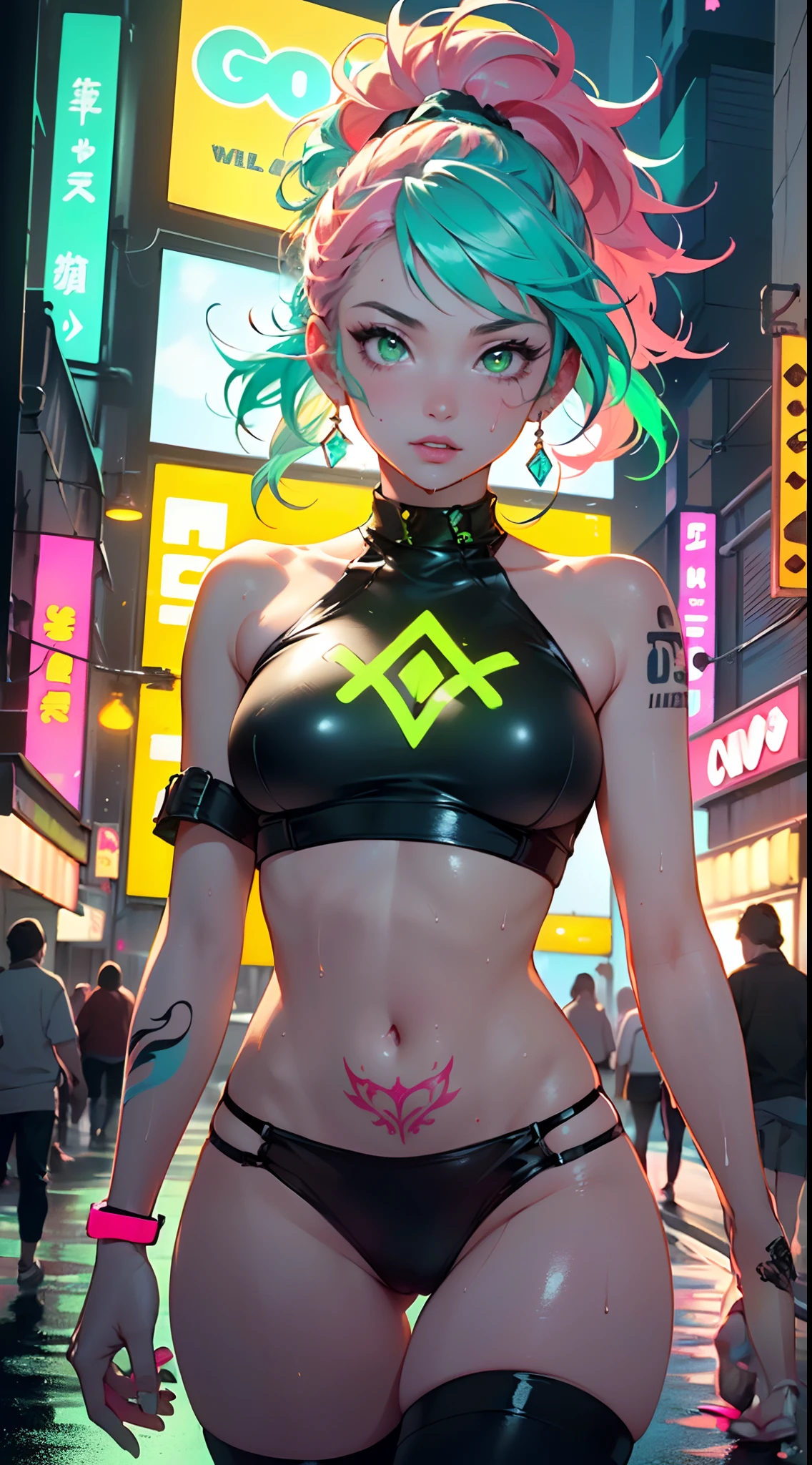 girl rave,(((1girl))),((girl with extremely cute and beautiful pink hair)),((asian features)),
(large breasts:1.4),saggy breasts,(((neon pink hair:1.35,wild hair,long hair:1.4,colored inner hair,ear breathing))),(((neon_green_eyes:1.3))),intricate eyes,beautiful detailed eyes,symmetrical eyes,slanted eyes:15,((fat)),((((lustrous skin:1.5,bright skin: 1.5,shiny skin,very shiny skin,shiny body,plastic glitter skin,exaggerated shiny skin,illuminated skin, wet legs))),(spider lower abdomen,narrow waist,wide hip,athletic body,inflated legs,detailed body,(detailed face)),
cute,slutty,seductive,erotic,(((nsfw))),
zettai ryouiki,revealing clothing,show skin,((rave shirt with an neon colors print,rave mini-short,visible thong straps)),(rave outfit:1.3,rave clothes,semi-naked,with little clothing),((neon tattoos:1.3)),((wet clothes,intricate outfit,intricate clothes)),
(dynamic pose:1.0),solo focus,embarrassed,(centered,scale to fit dimensions,Rule of thirds),
cyberpunk city by the ocean at night, with bright neon signs and dark stormy clouds and puddles, scenery:1.25,
artistic photography,(photography taken by sldr),highres, sharp focus, (ultra detailed, extremely detailed), (photorealistic artwork:1.37),(extremely detailed CG unity 8k wallpaper),((synthwave background theme)),(((vibrant colors))),(intricate background),(masterpiece),(best quality),