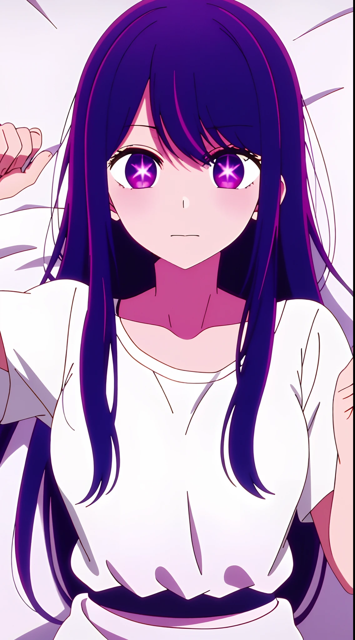 in bed, purple color hair and purple eyes, white shirt and no bra, anime visual of a cute girl, screenshot from the anime film, & her expression is solemn, in the anime film, in an anime, anime visual of a young woman, she has a cute expressive face, still from anime, big breast, red cheek, lustful face, fair skin