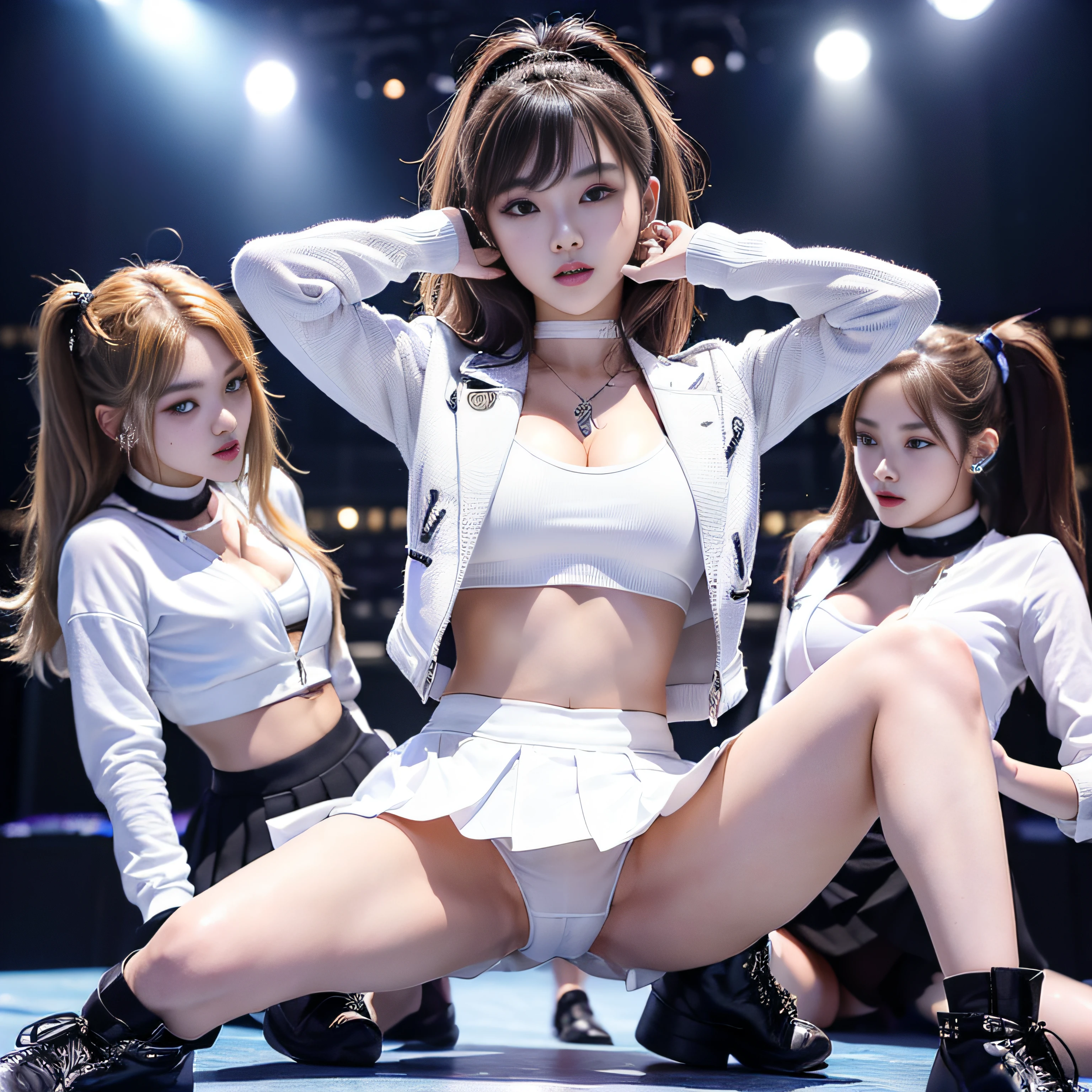 ultra beautiful faces、(Three Girls:1.5)、K-pop singer、(Dancing on the concert stage:1.6)、Cool jacket、(a miniskirt:1.4)、(with spreading legs:1.7)、(white panties:1.3)、(A detailed face)、(A detailed eye)、(Detailed lips)、make up、(At SFW:1.0)