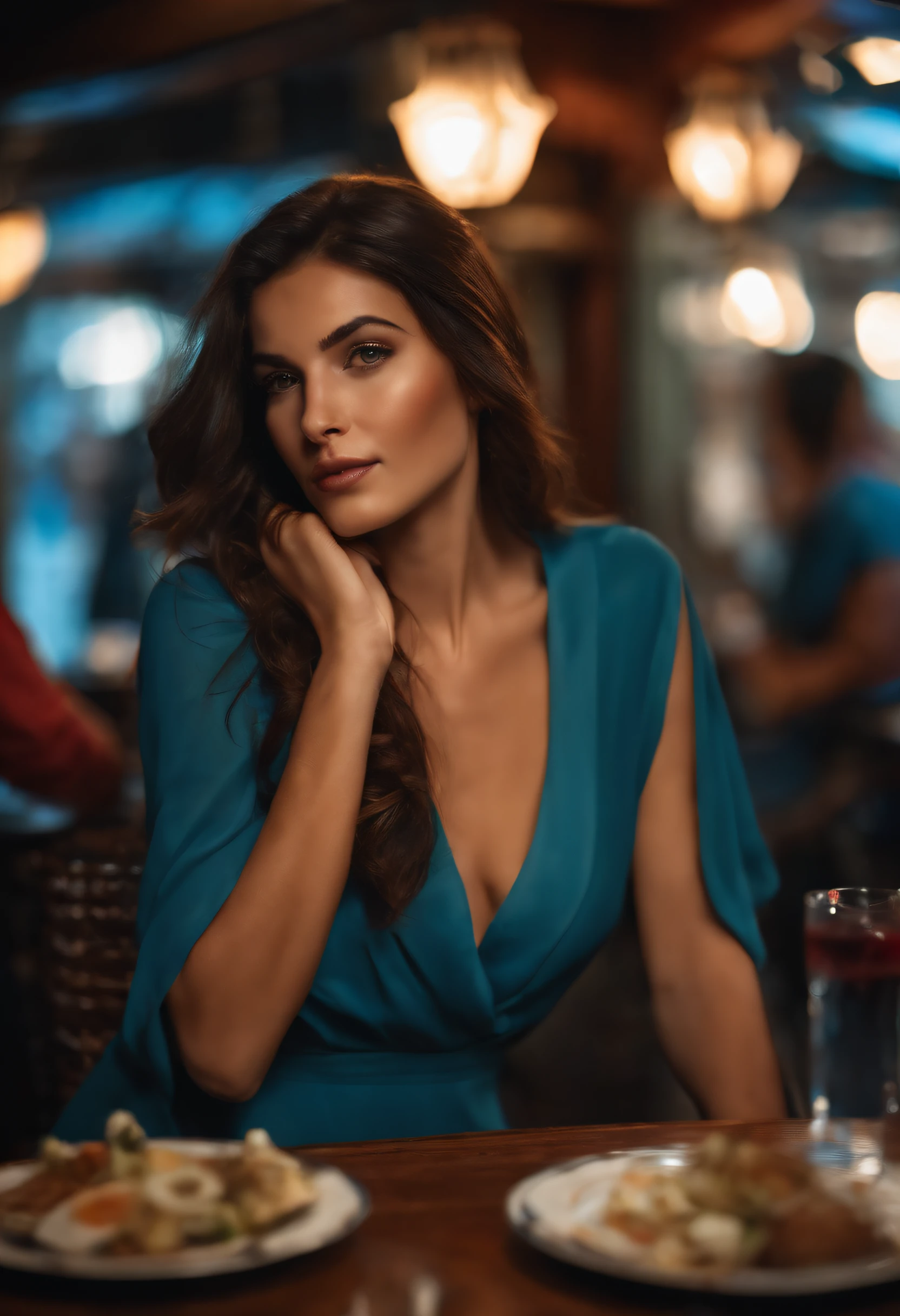 Thin brunette woman about 23 years old, caminando por la calle, sin ropa, ojos azules, fotorrealista in restaurant