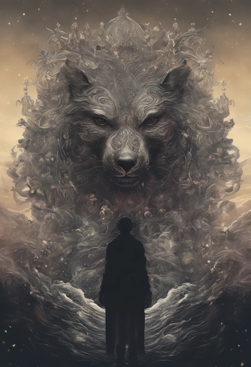 lobisomem, lobo humanoide negro gigantesco, com uma lua no fundo,  em modo retrato