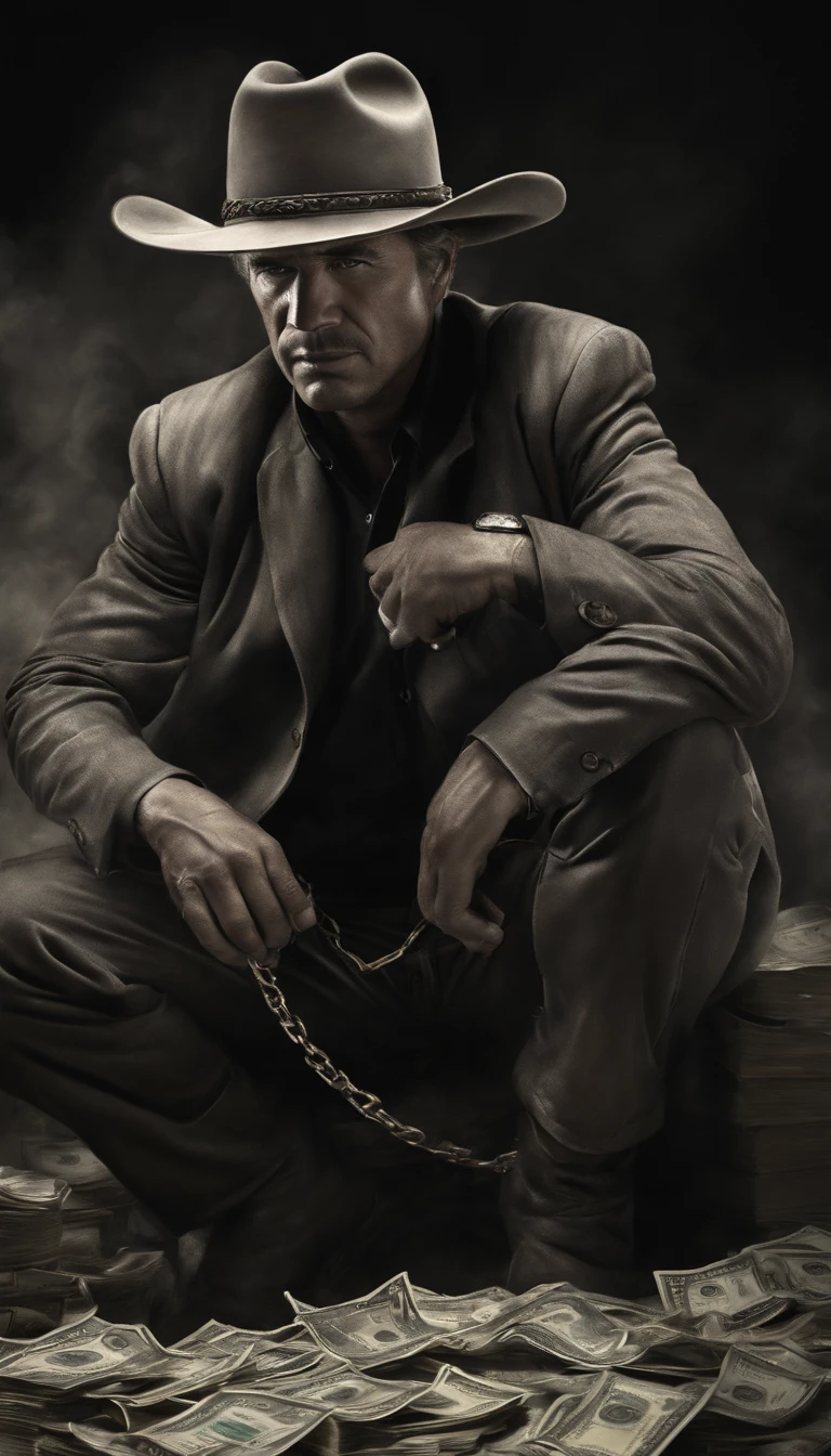 Man fighting money, Oil Painting, Harsh brush strokes, cowboy hay, Dramatic Lighting, intense expression, Determined eyes, hold fists, sweat dripping down his face, Wrinkled suit, broken chains, Crumbling dollar bills, Crumbling Stock Market Graph, Smoke rises in the background, Black and white with a touch of gold, Realism. (Best Quality, hight resolution, Ultra-detailed), (Realistic:1.37), Professional, Vivid colors.